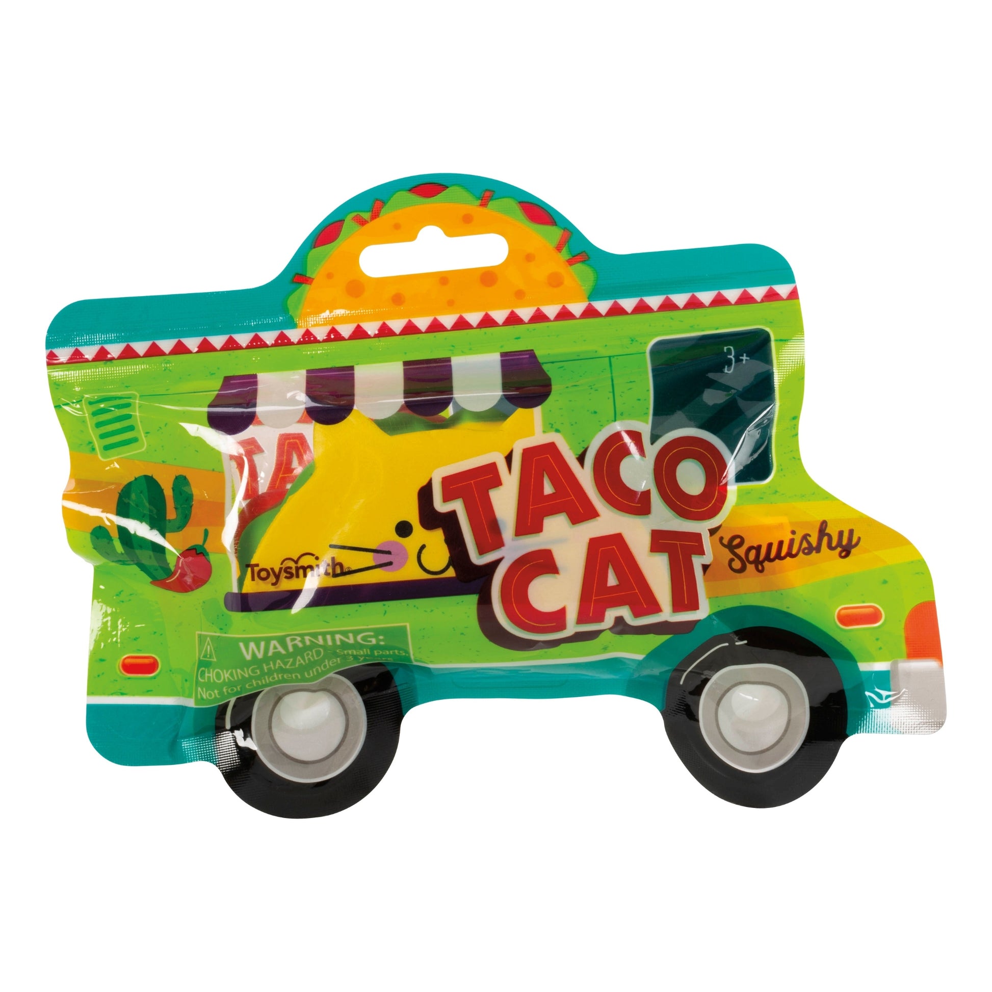 The Toysmith Taco Cat Squishy features colorful taco truck-shaped packaging with festive designs, a cartoon taco cat, and the words “Taco Cat Squishy” by Toysmith—perfect for a fun toy or novelty gift.