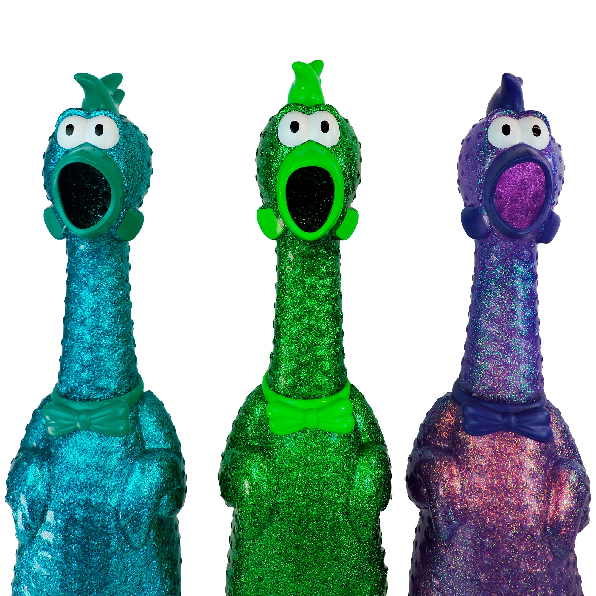 Three Say Whaaaaat?! The Ampli-Flyer rubber chicken figures in blue, green, and purple—each with open beaks and bow ties—stand side by side against a white background.