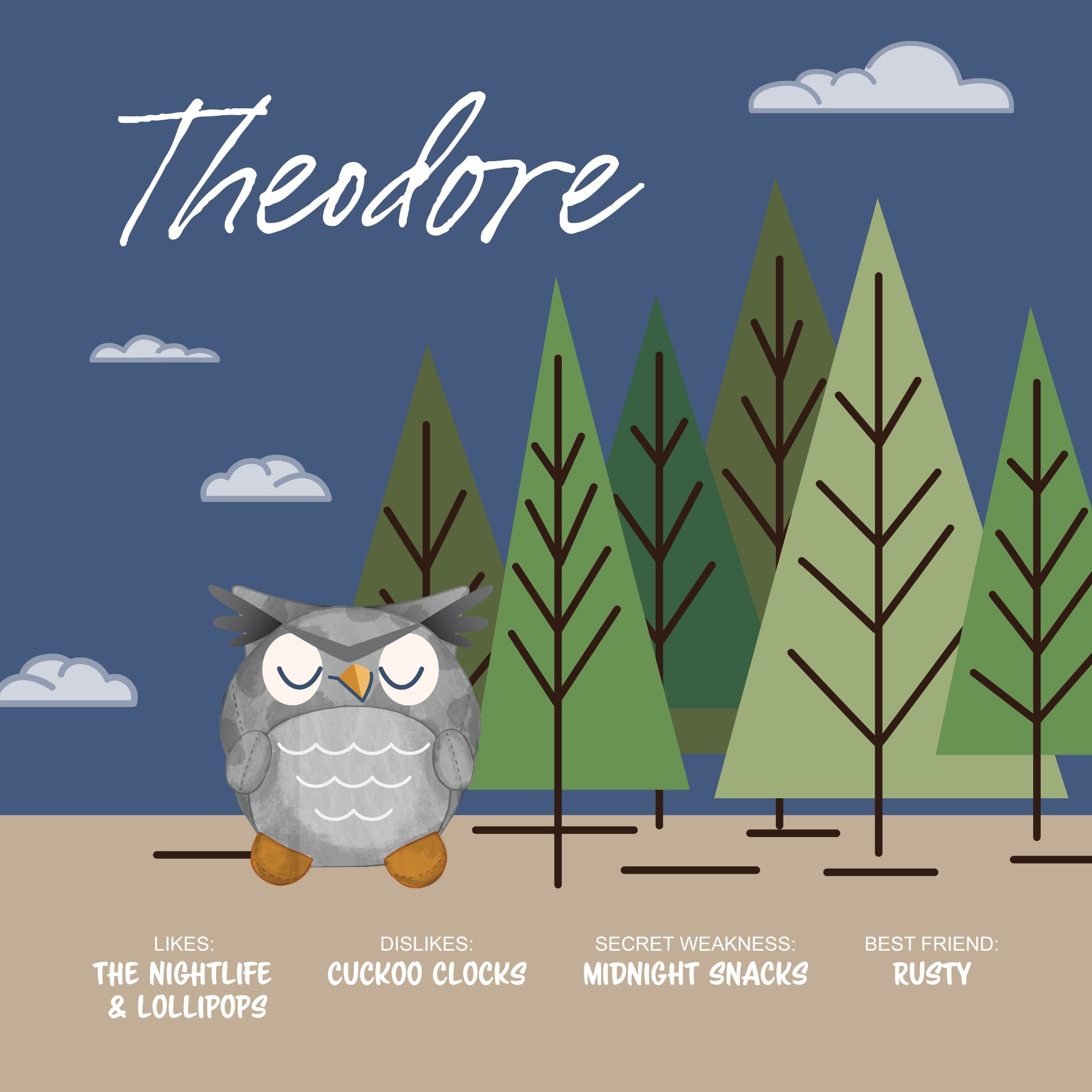 Illustration of Theodore the owl from Sugar Skwisheez: Tree Huggers, standing by stylized trees. Text shares his love for nightlife and lollipops, a dislike for cuckoo clocks, a secret midnight snack weakness, and best friend Rusty.