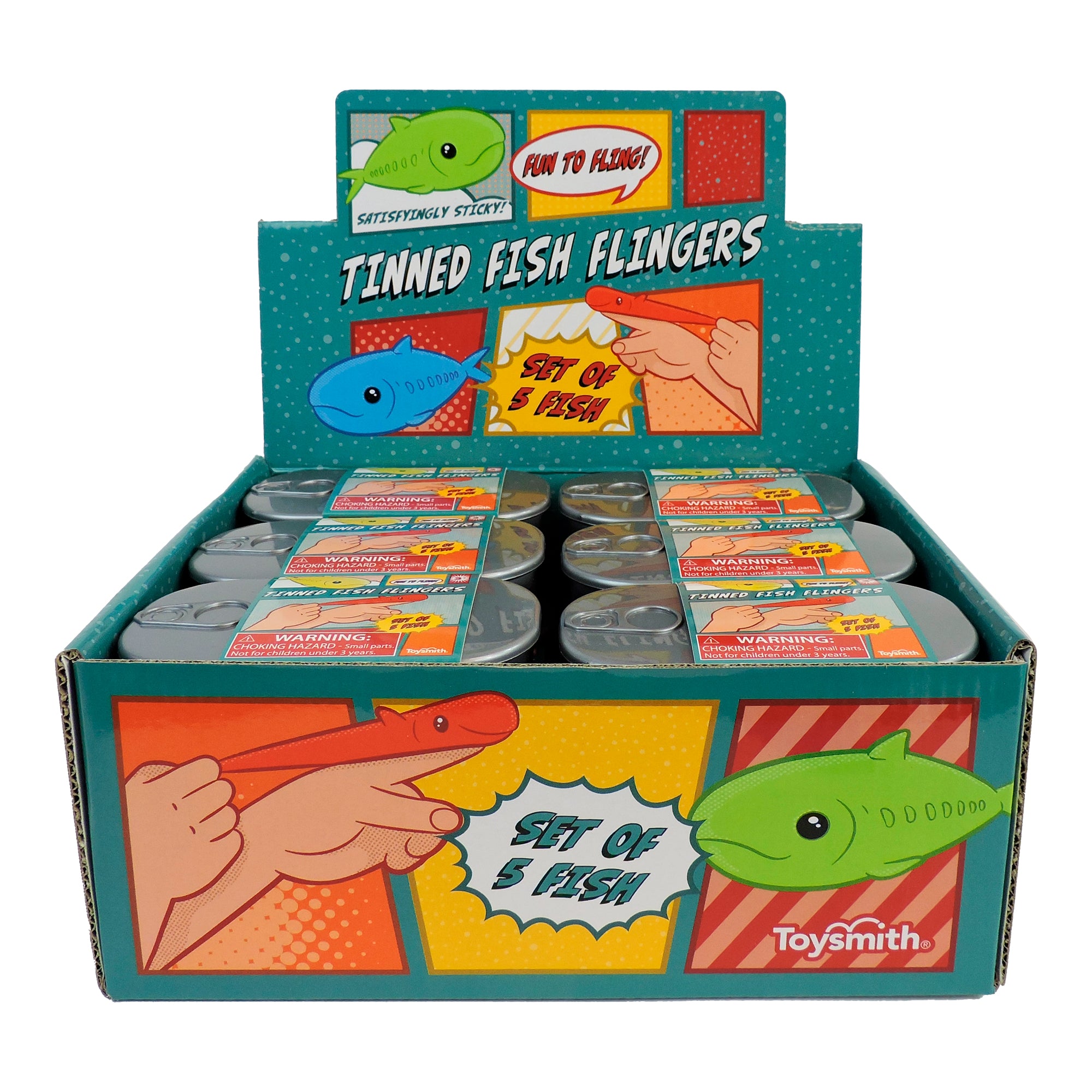 A colorful display box labeled Toysmith Tinned Fish Flingers by Toysmith features comic art of hands tossing green and orange fish toys. The packaging includes several reusable tins and is marked "Set of 5 Fish.