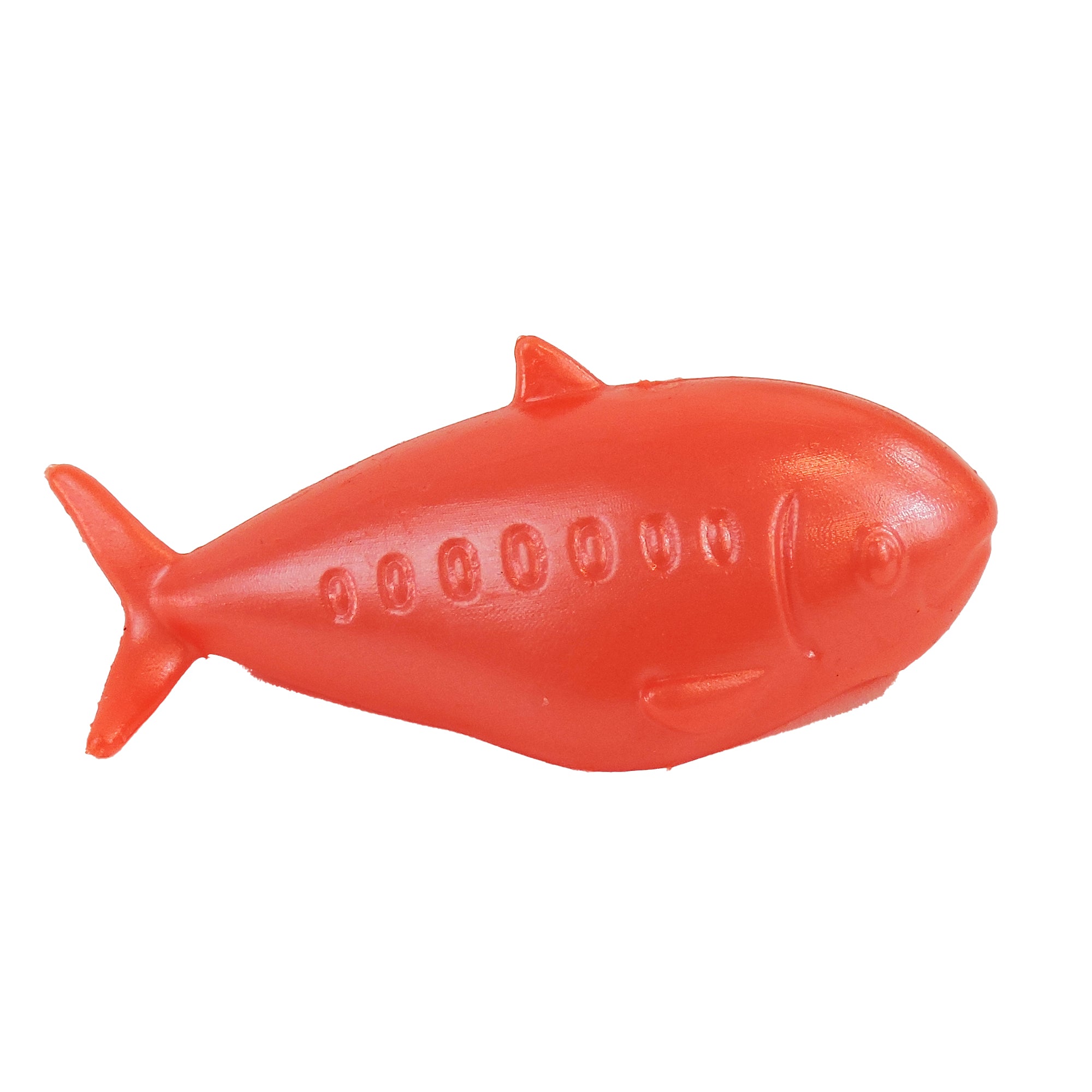 A small, red, plastic fish-shaped toy with simple fin, tail, and eye details—just like the Toysmith Tinned Fish Flingers by Toysmith.