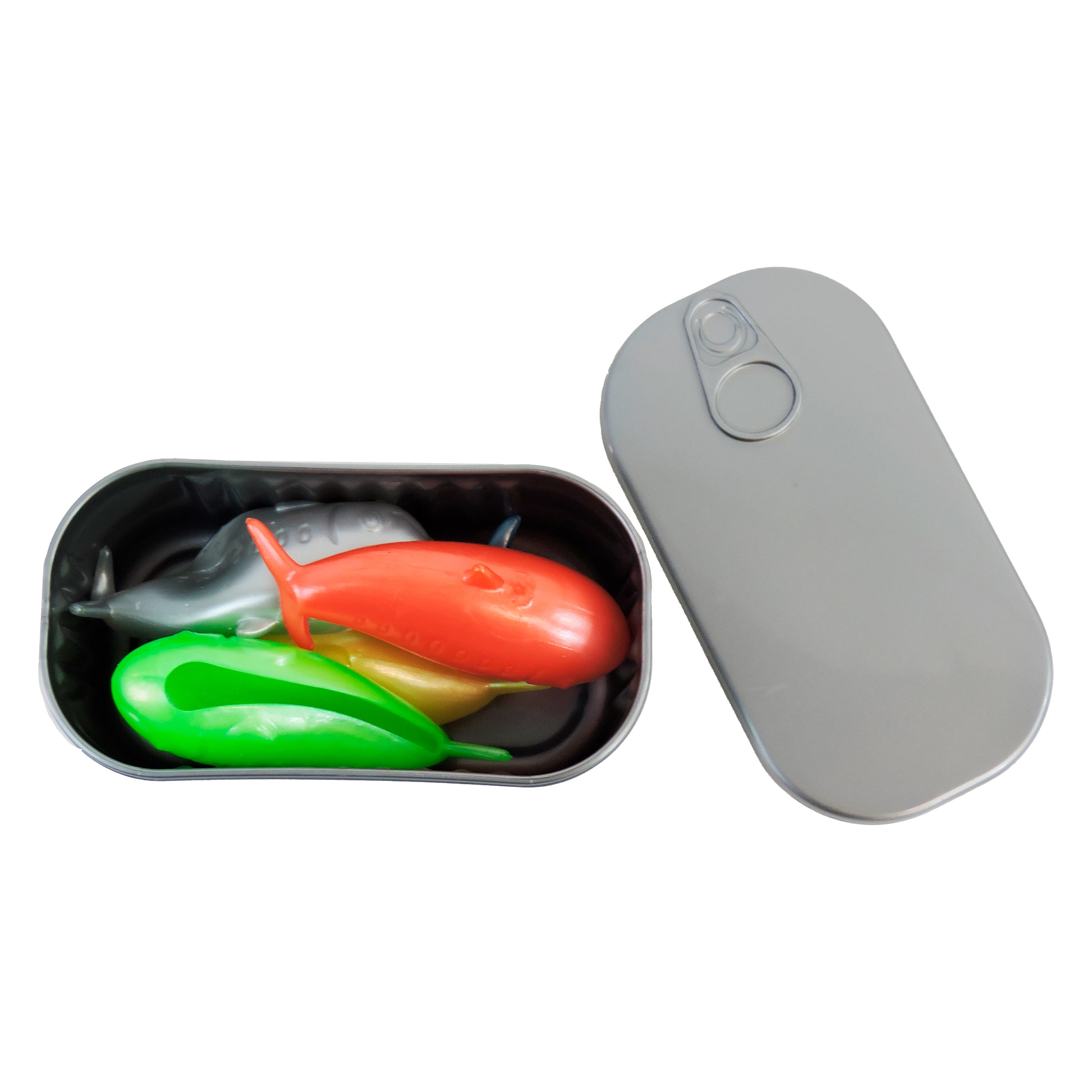 A metal tin by Toysmith, designed like a sardine can, holds colorful Toysmith Tinned Fish Flingers in red, green, yellow, and gray. The open lid sits beside the tin against a white background.