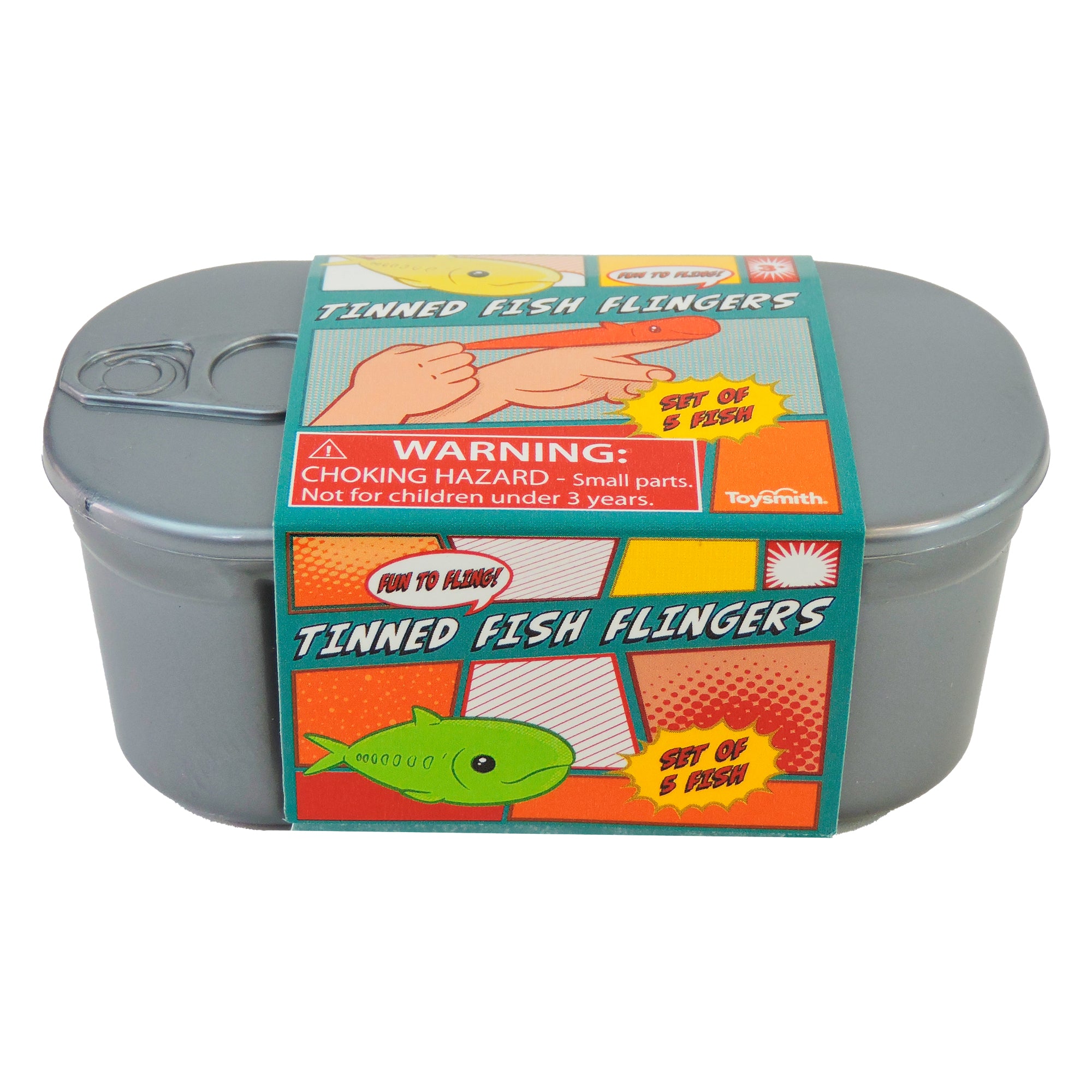 The Toysmith Tinned Fish Flingers is a gray reusable tin with colorful cartoon fish graphics and child safety warnings, labeled as a set of 4 fish flingers that's fun to fling. Brand: Toysmith.