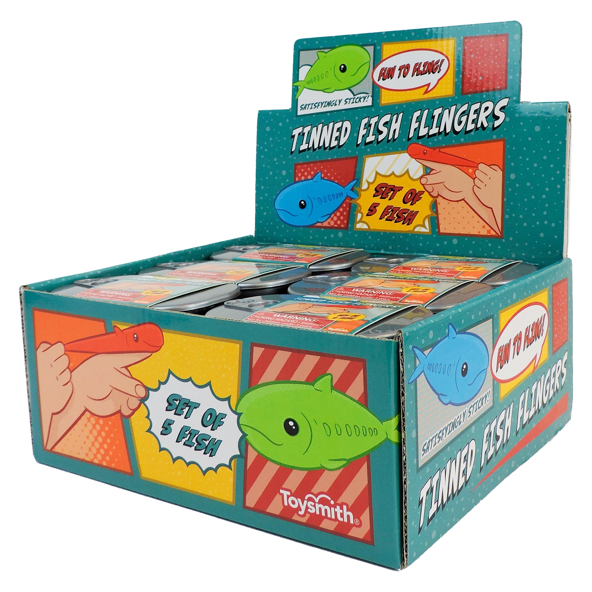 The Toysmith Tinned Fish Flingers display box contains several sets of toy fish flingers in reusable tins, with packaging that shows cartoon fish, hands flinging toys, and phrases like “Set of 5 Fish” and “Fun to Fling!”.