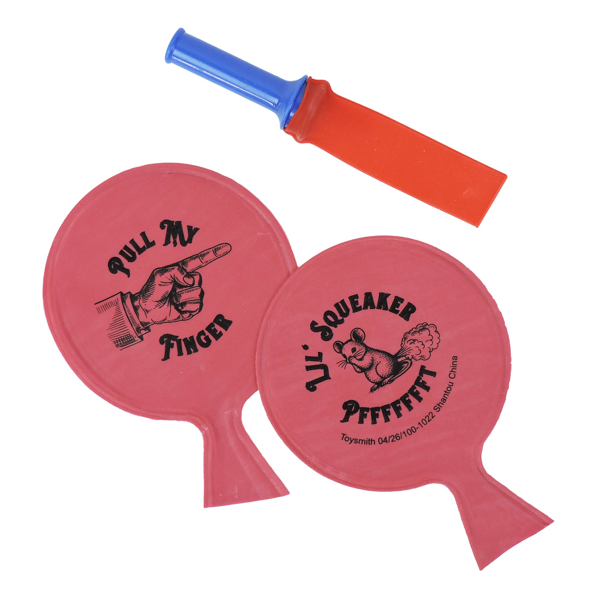 Tiny Toys Teeny Tiny Two Toots & A Whistle by Tiny Toys includes two red mini whoopee cushions with fun designs and a blue-and-red hand pump, all shown on a white background—ideal for playful pranks.