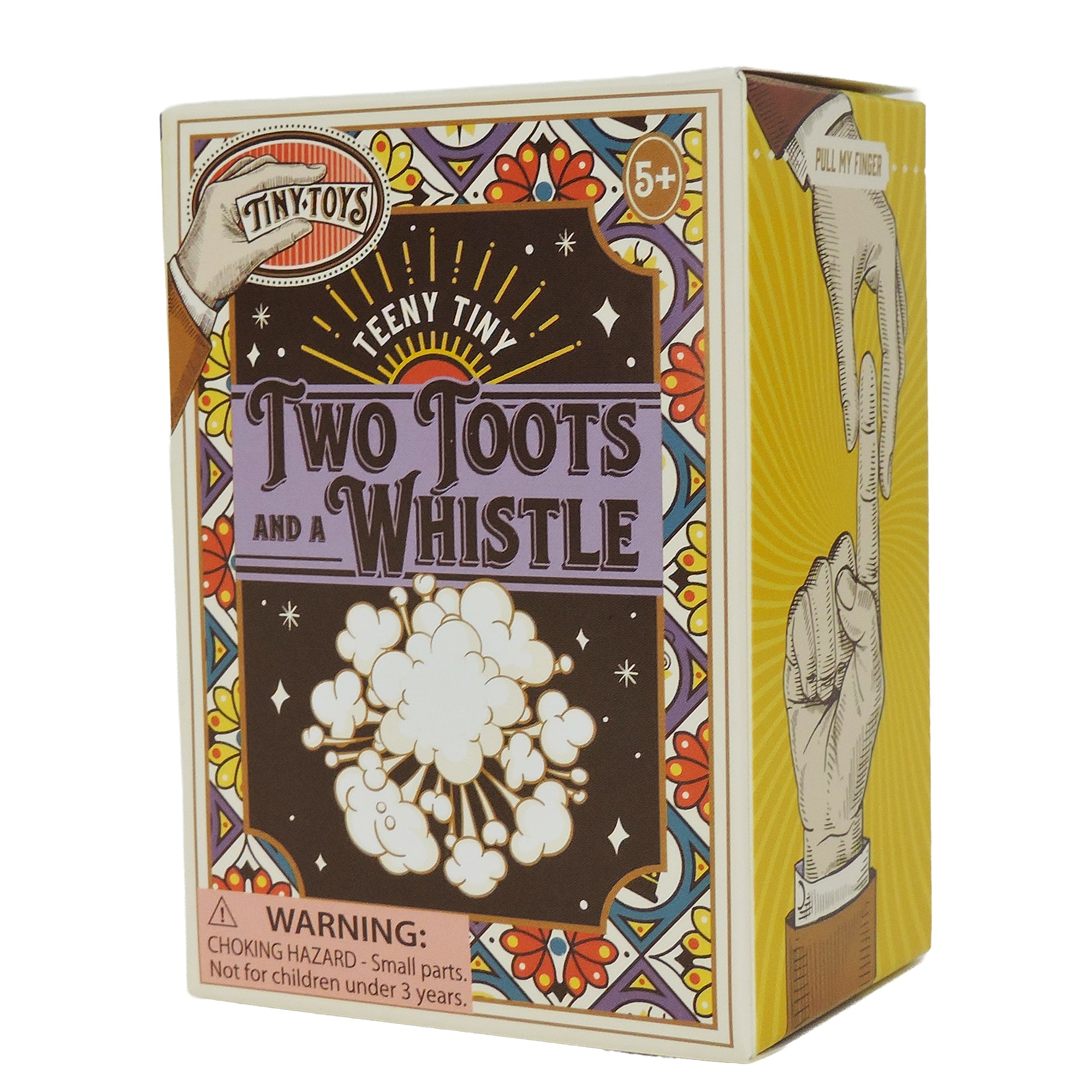 Tiny Toys Teeny Tiny Two Toots & A Whistle has colorful packaging, cartoon explosions, hands pulling a finger, and prankster toys like mini whoopee cushions and a fart whistle. Choking hazard—ages 5+. Brand: Tiny Toys.