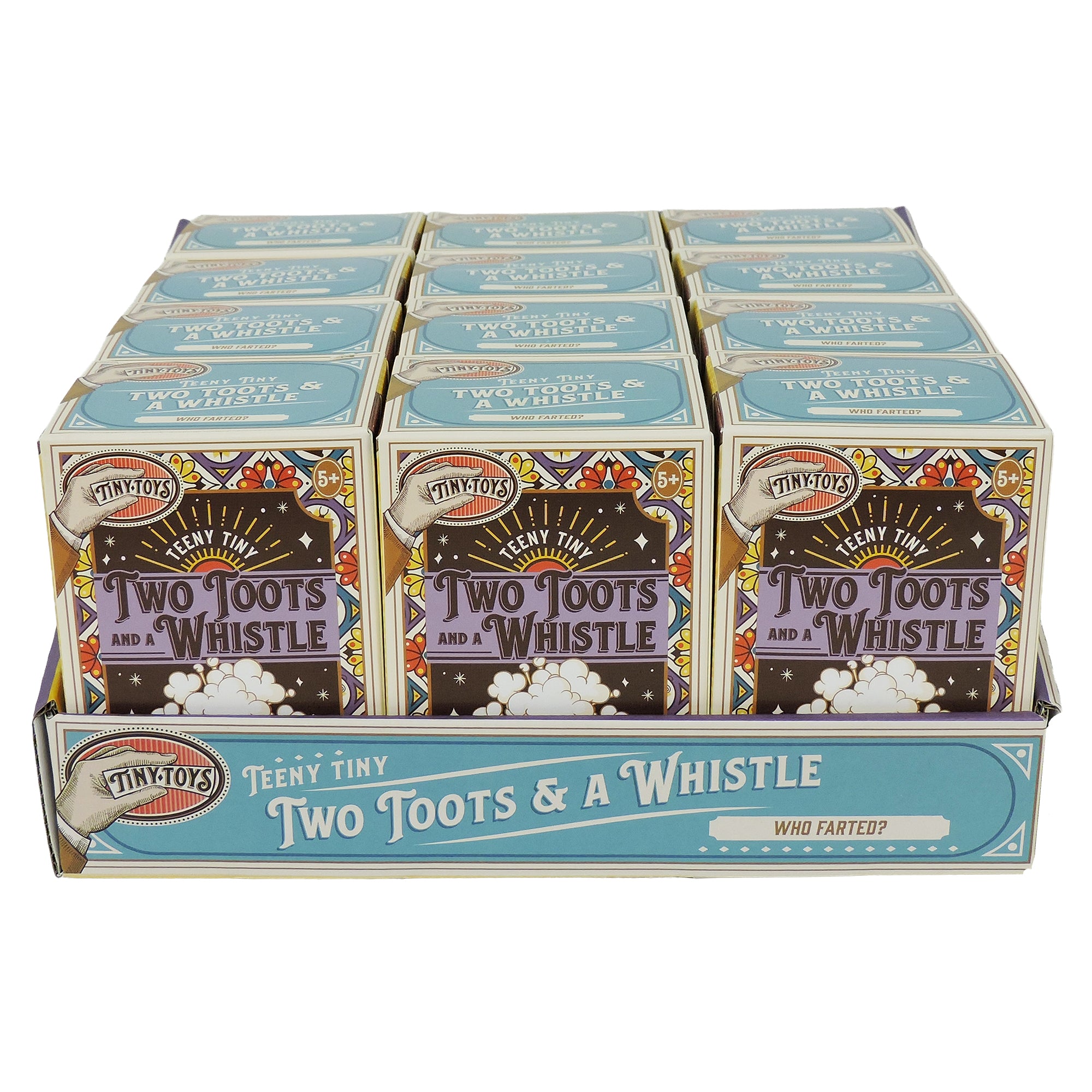 A display box holds twelve Tiny Toys Teeny Tiny Two Toots & A Whistle packs, each featuring mini whoopee cushions, colorful designs, clouds, and the playful "WHO FARTED?" tagline on the front.