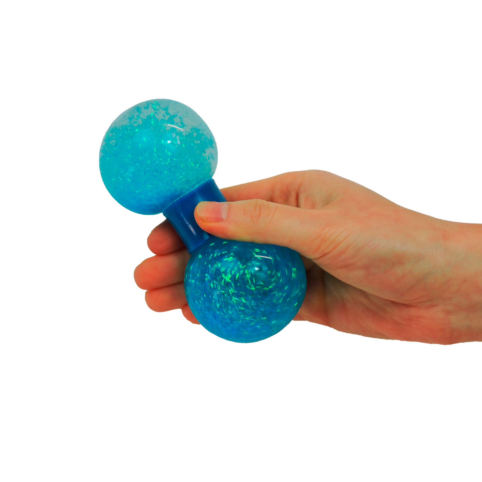 A hand holding the Sensory Lab Squeez-E Swirls, a blue stress toy with two glitter-filled round ends, on a white background.