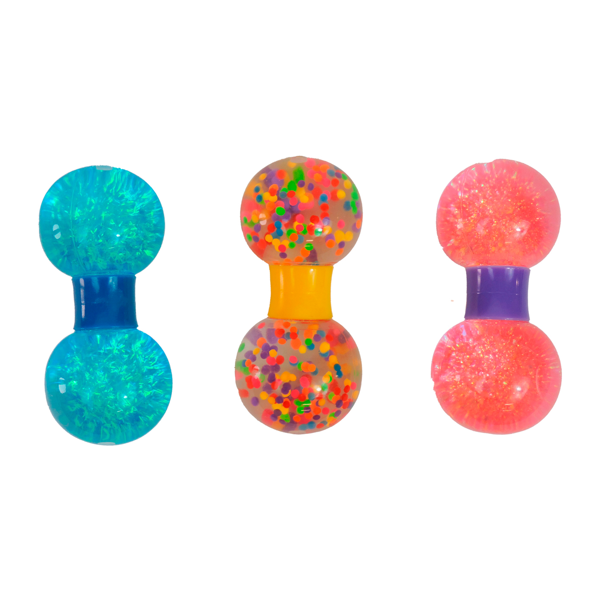Three Sensory Lab Squeez-E Swirls double-ended sensory fidget toys are shown in blue, pink, and a confetti-dotted multicolor. Each features two round ends connected by a solid center, all against a white background.