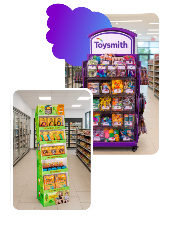 A store aisle with two product displays: one is a green and yellow stand for children’s learning kits, and the other is a purple Toysmith rack filled with colorful toys and games.