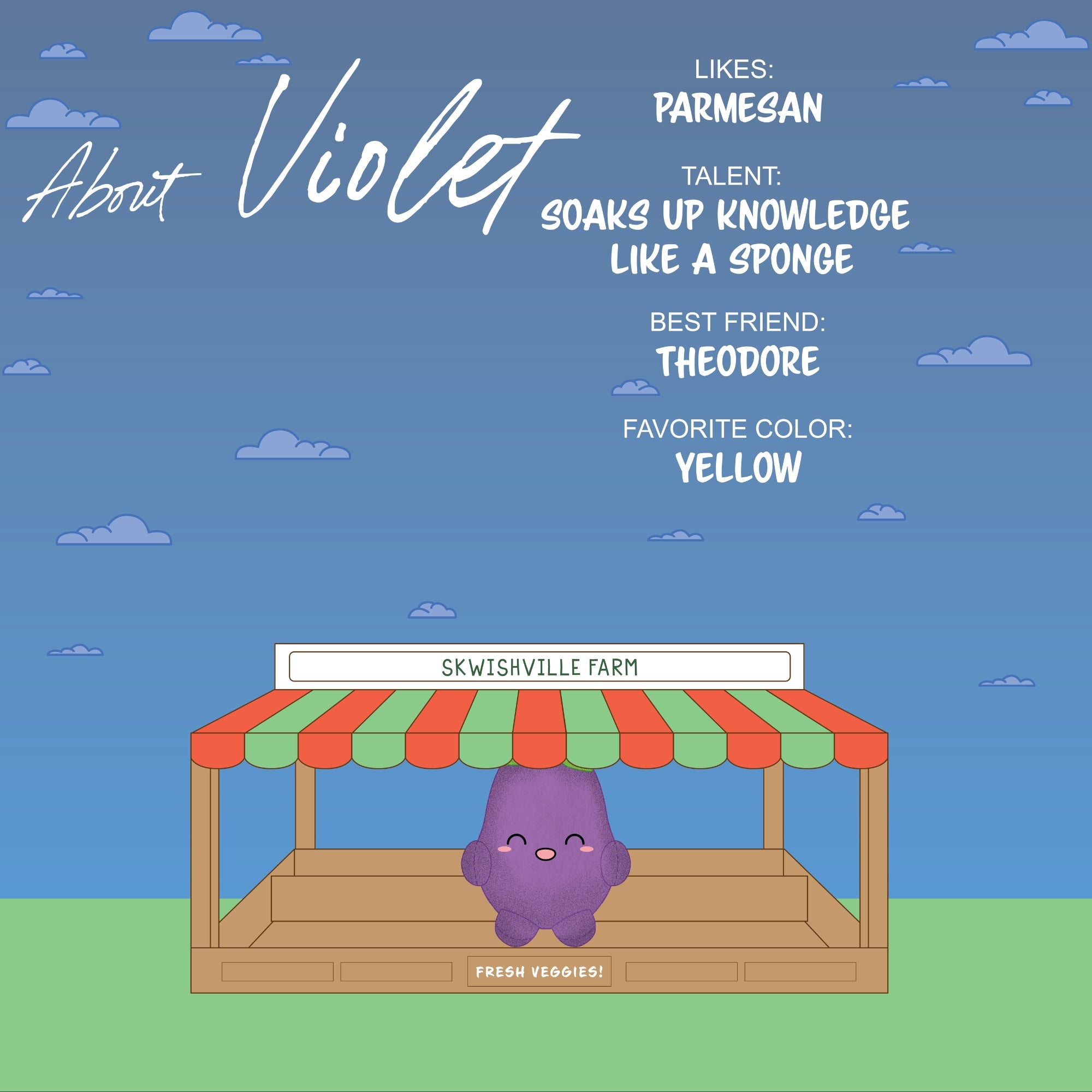 A cute purple character named Violet from Sugar Skwisheez Night Shades sits under a striped canopy at Skwishville Farm. She loves parmesan, soaks up knowledge, is best friends with Theodore, and her favorite color is yellow.