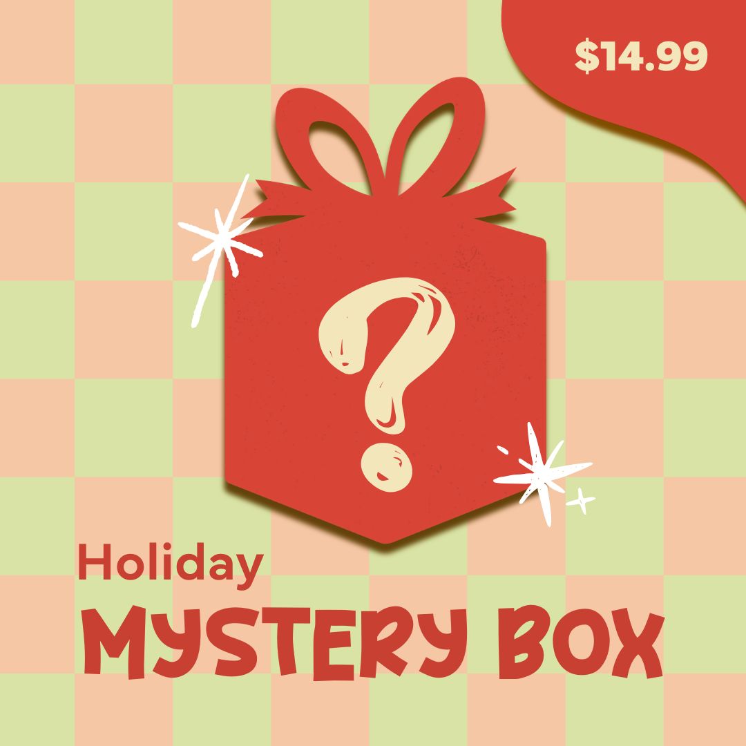 A red gift box with a question mark and sparkles sits on a green and peach checkered background. Text reads “Holiday Stocking Stuffer Box” and “$14.99”—perfect for filling stockings with mystery holiday goodies.