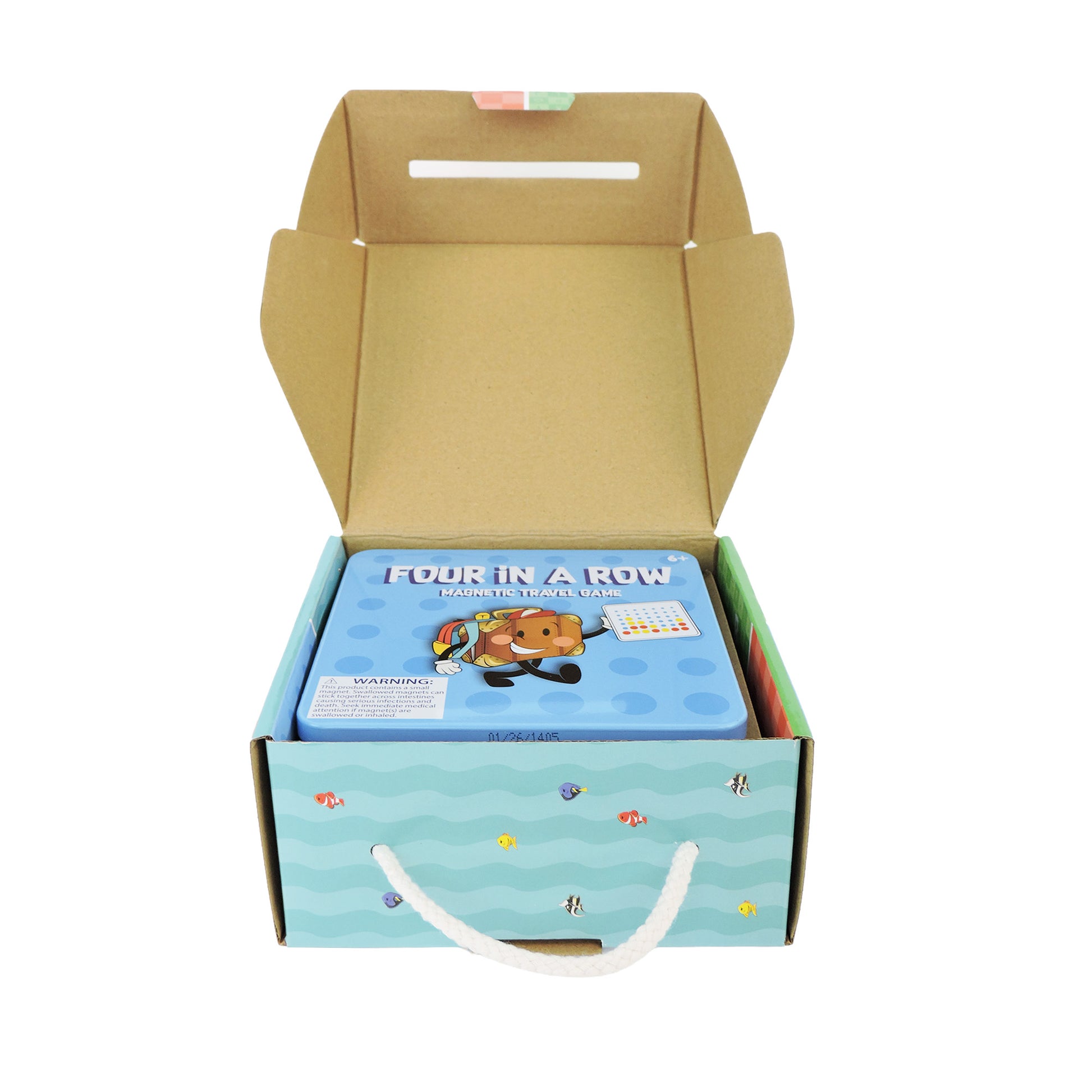 An open cardboard box with a rope handle holds the On The Way Games Magnetic Travel Games Set. The cover shows a cartoon bear on a blue polka dot background, making it perfect for fun travel or home play by On the Way Games.