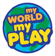 Logo with 'my world my play' text on a colorful globe design