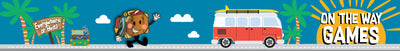 Cartoon of a smiling granola bar character waving and running toward a red van with a surfboard on top. Palm trees, a treasure chest, and a sign reading Fuel your next adventure are in the background. Text: On The Way Games.