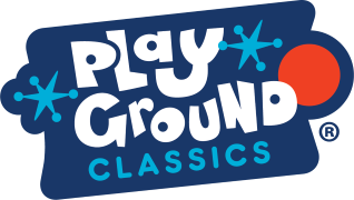 Logo with the text Play Ground Classics in white and blue on a dark blue background, accented by retro-style starbursts and a large red dot.