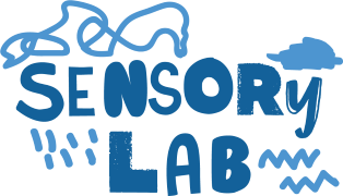 Logo of Sensory Lab with blue text and abstract shapes on a white background