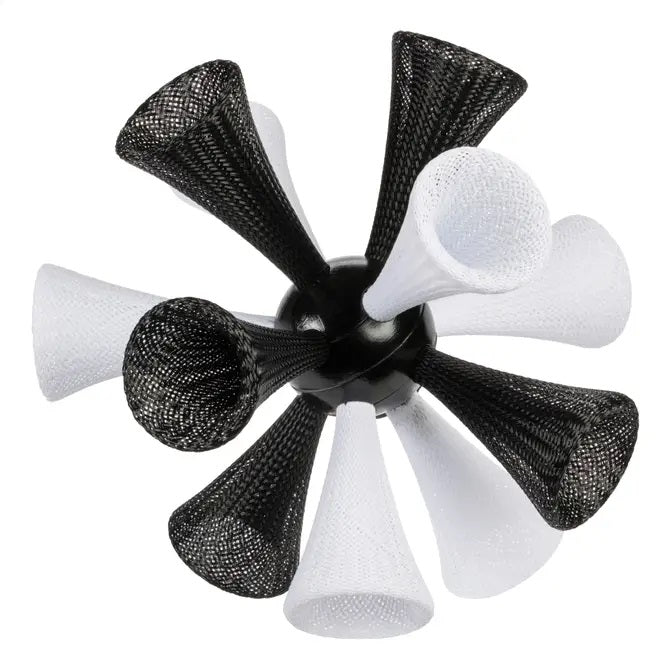 The GO! Play Jumbo Bash Birdie is a modern, abstract sculpture with black and white mesh cones radiating from a central black sphere, creating a dynamic, spiky, symmetrical design against a white background.