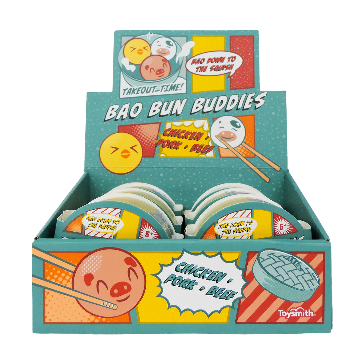 Toysmith Bao Bun Buddies by Toysmith come in a display box with cheerful cartoon bao buns—chicken, pork, and beef varieties—featured on colorful graphics. These playful animal squishies are perfect stress-relief fidget toys.