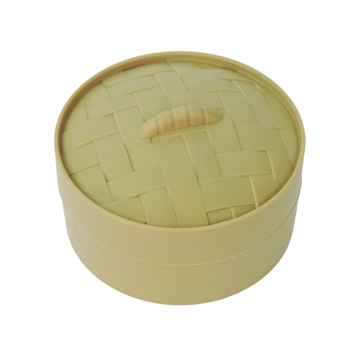 A round, beige Toysmith container with a woven-pattern lid and center handle, styled like a bamboo steamer—ideal for storing your Toysmith Bao Bun Buddies or other fidget toys.