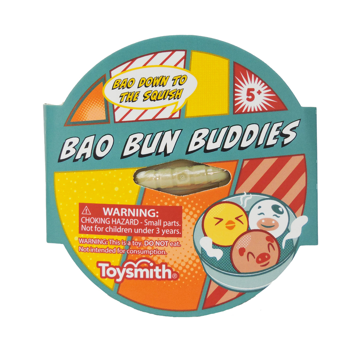 Round Toysmith Bao Bun Buddies package with cartoon bao characters in a bowl, featuring animal squishy fidget toys. A small toy is visible inside, with choking hazard warnings and the Toysmith brand at the bottom.