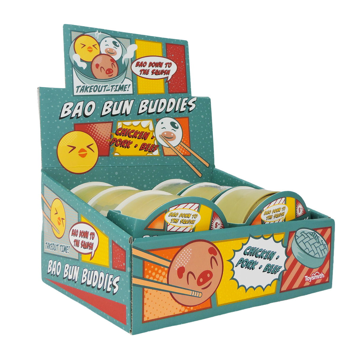 A Toysmith Bao Bun Buddies display box presents round, yellow animal squishies with cute faces. Playful packaging shows chopsticks, bright graphics, and text like "Chicken! Pork! Beef!"—a fun fidget toy set for all ages.