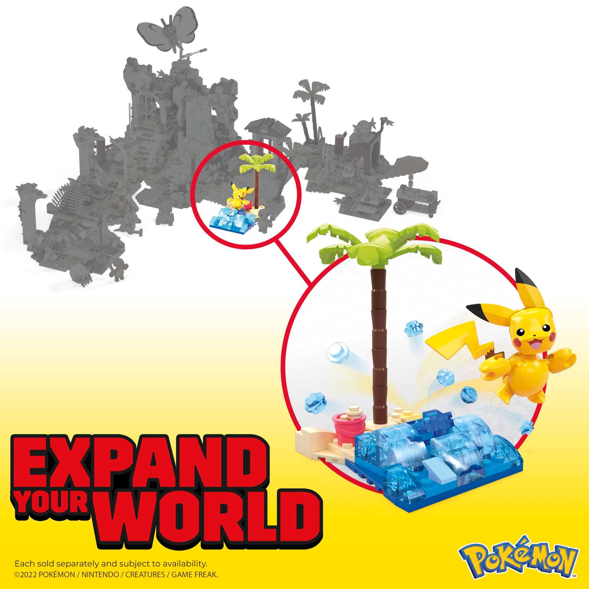A vibrant Pikachu stands on the MEGA Pokémon Pikachu's Beach Splash playset by Mega Bloks, with a palm tree and water background, set against grayscale Pokémon building sets. "EXPAND YOUR WORLD" and the Pokémon logo appear below.