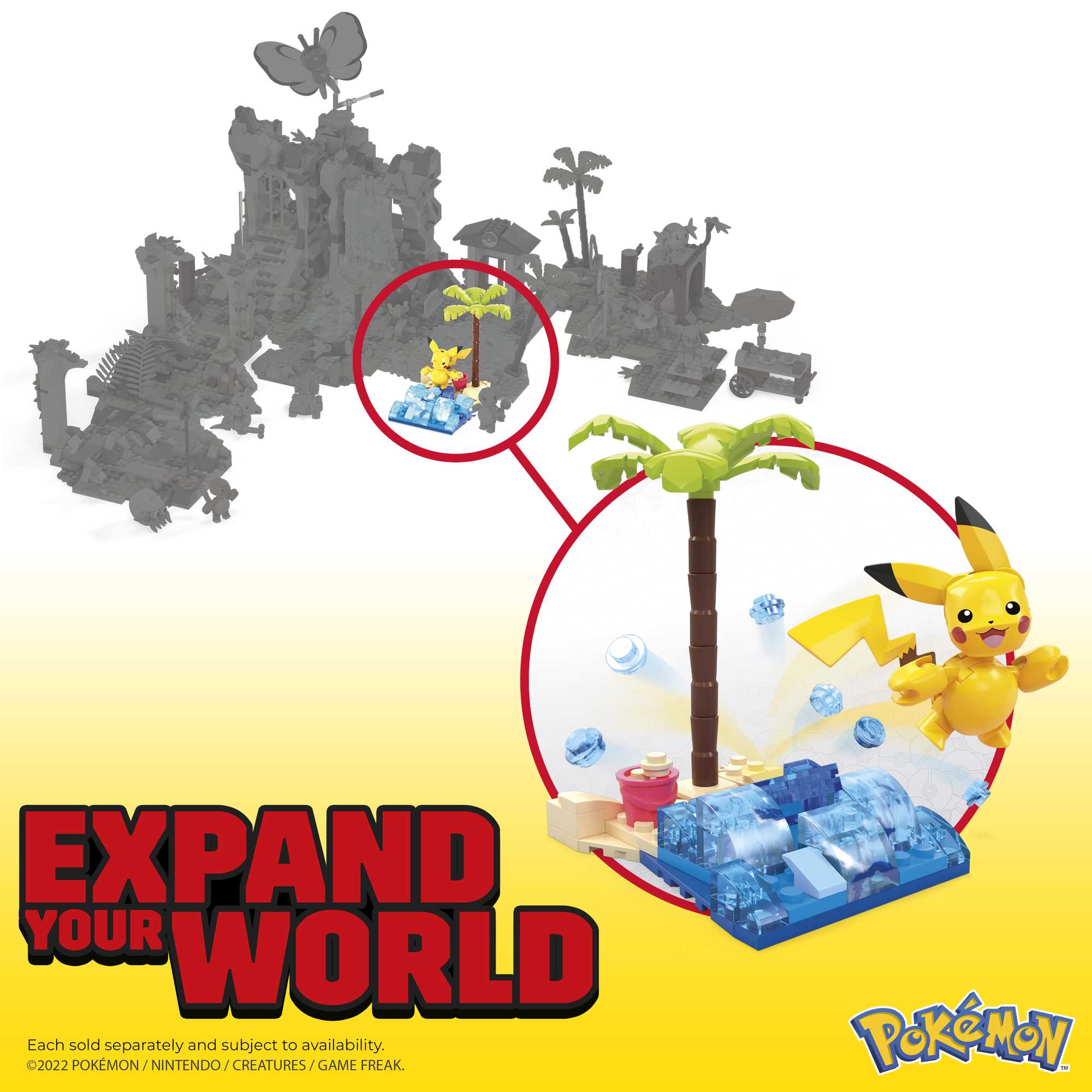 A vibrant Pikachu stands on the MEGA Pokémon Pikachu's Beach Splash playset by Mega Bloks, with a palm tree and water background, set against grayscale Pokémon building sets. "EXPAND YOUR WORLD" and the Pokémon logo appear below.