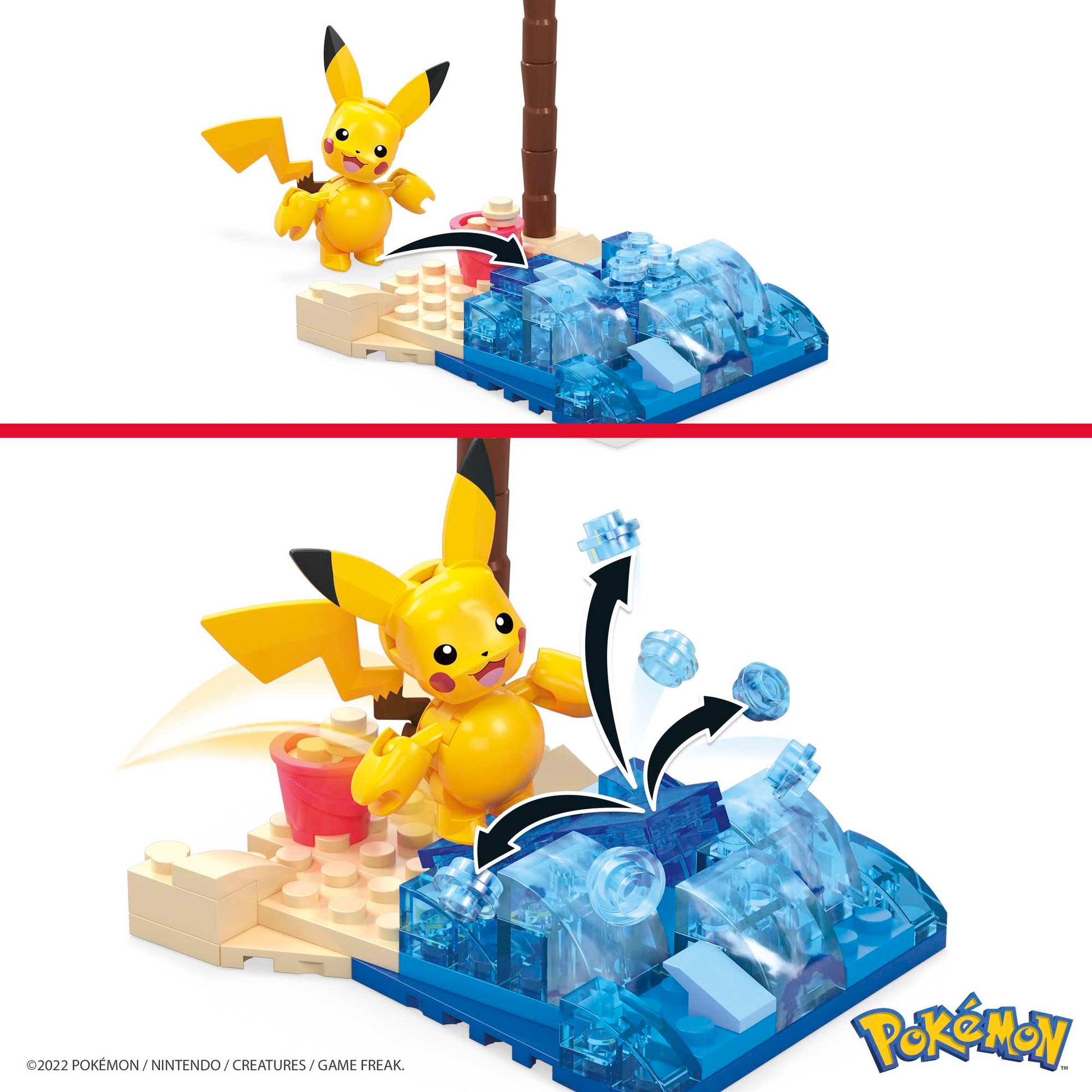 Two images of a MEGA Pokemon Pikachu's Beach Splash set by Mega Bloks: First, Pikachu nears a beach with blue water blocks; second, Pikachu playfully splashes the water. Pokémon logo is at the bottom right.