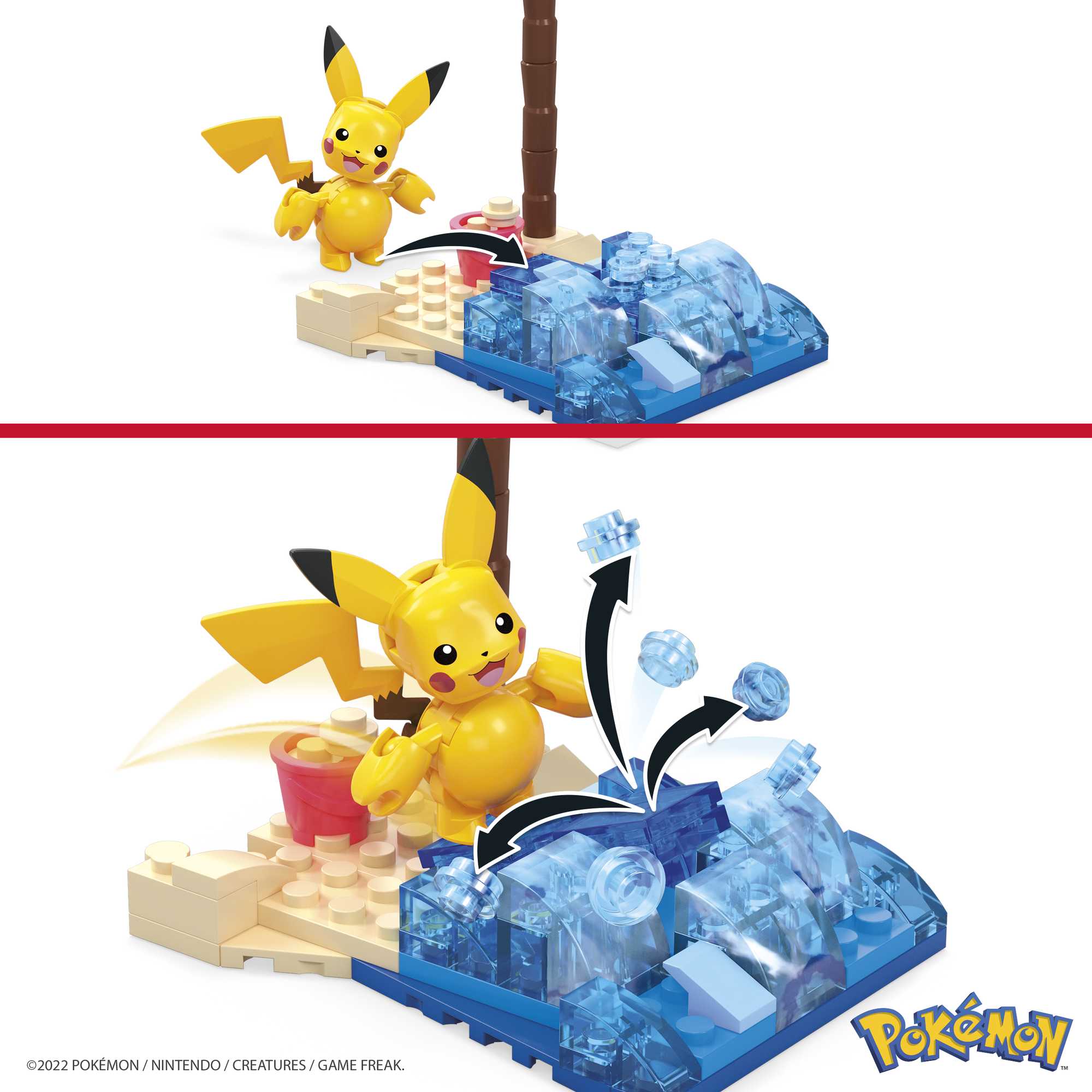 Two images of a MEGA Pokemon Pikachu's Beach Splash set by Mega Bloks: First, Pikachu nears a beach with blue water blocks; second, Pikachu playfully splashes the water. Pokémon logo is at the bottom right.