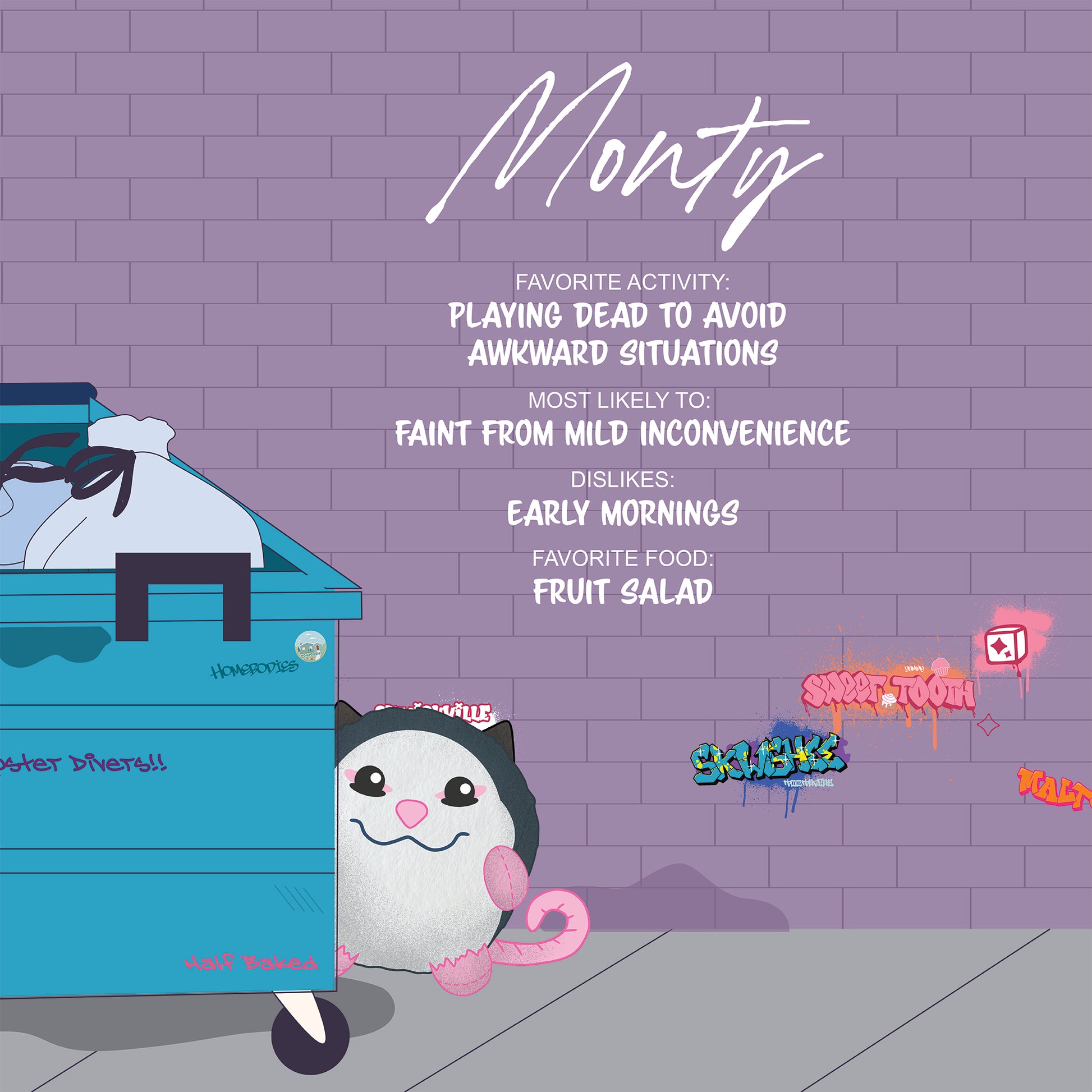 Monty, a round opossum from Sugar Skwisheez: Dumpster Divers, peeks from behind a blue dumpster against a purple graffiti wall. Fun facts about Monty are shown above in white text.
