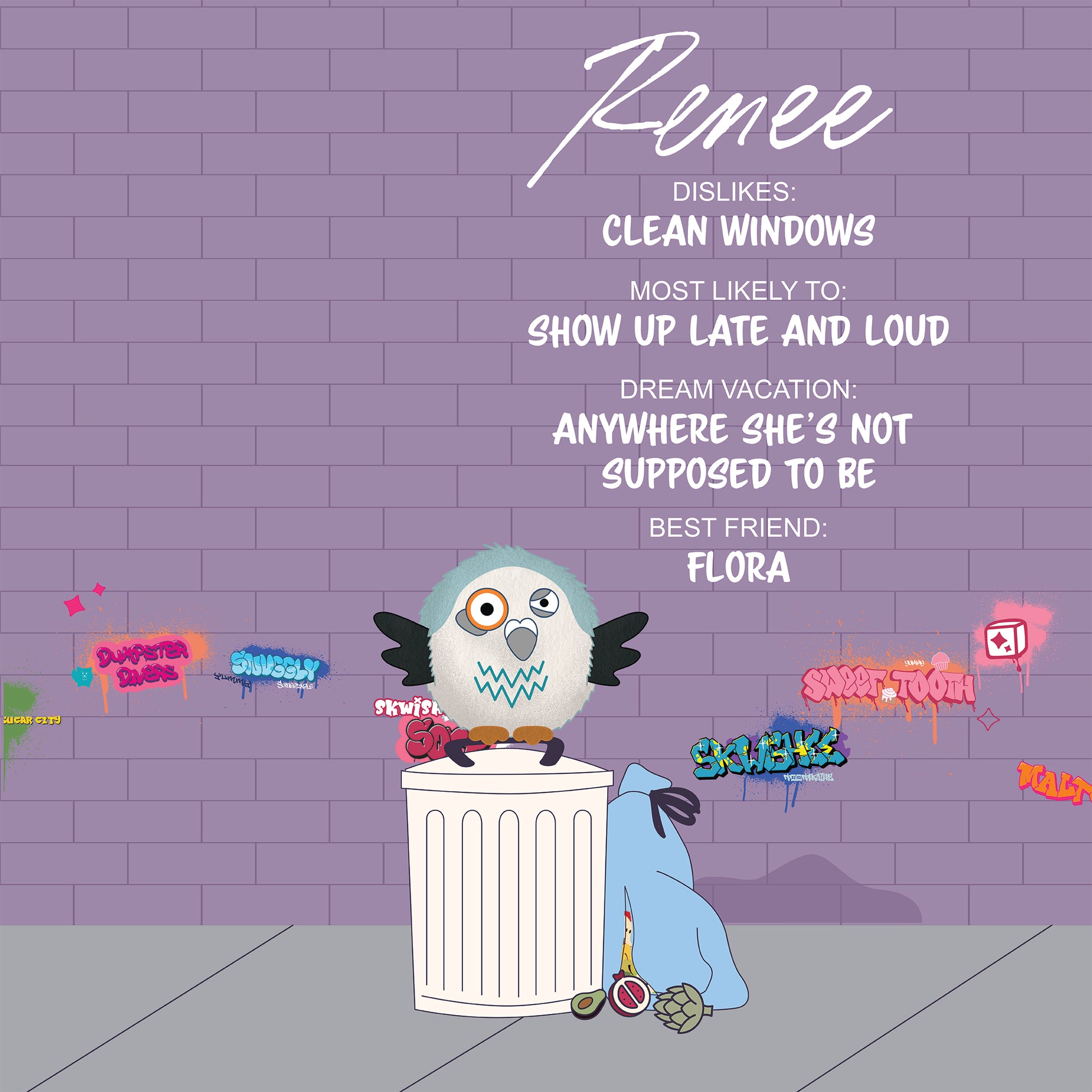 An animated owl sits on a trash can against a graffitied brick wall, holding a Sugar Skwisheez: Dumpster Divers sensory plush by Sugar Skwisheez. Text reveals Renee’s dislikes, habits, dream vacation, and best friend. Trash bags and spray paint are nearby.