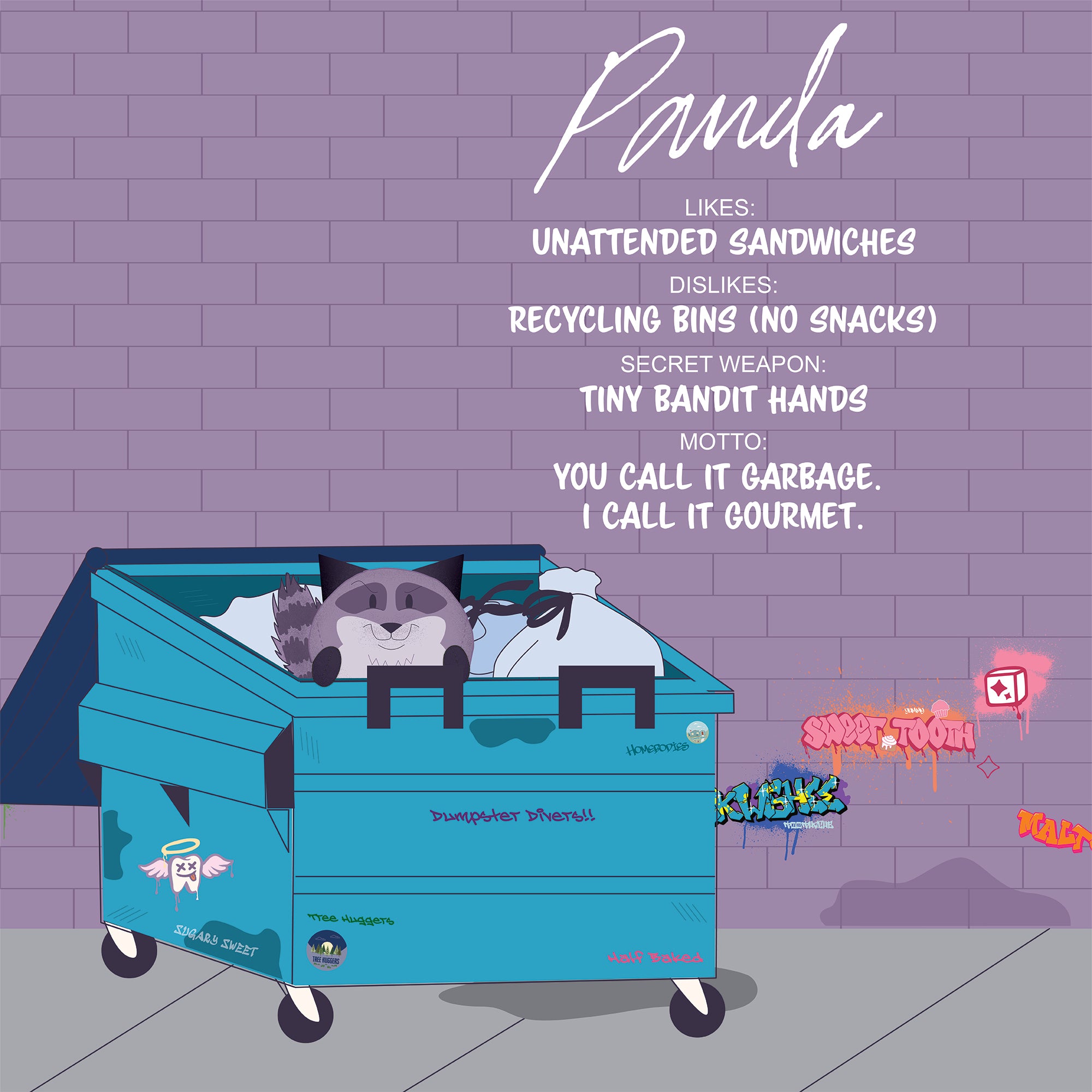 A raccoon peeks from a blue dumpster packed with trash bags and Sugar Skwisheez: Dumpster Divers plush fidget toys. Graffiti marks the purple wall behind, while playful text shares the raccoon's likes, dislikes, secret weapon, and motto.