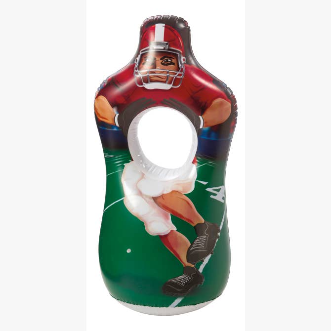 The GO! Play Inflatable Toss by GO! Play features a football player in a red jersey and helmet with a circular target and a green field base, making it ideal for pitching practice or fun competitions.