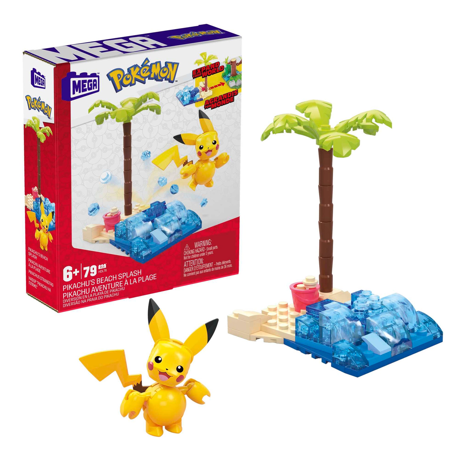The MEGA Pokemon Pikachu's Beach Splash by Mega Bloks features a smiling Pikachu figure by a palm tree with water and sand elements. Part of the Adventure Builder sets, it's designed for ages 6+ to make Pokémon building extra fun.