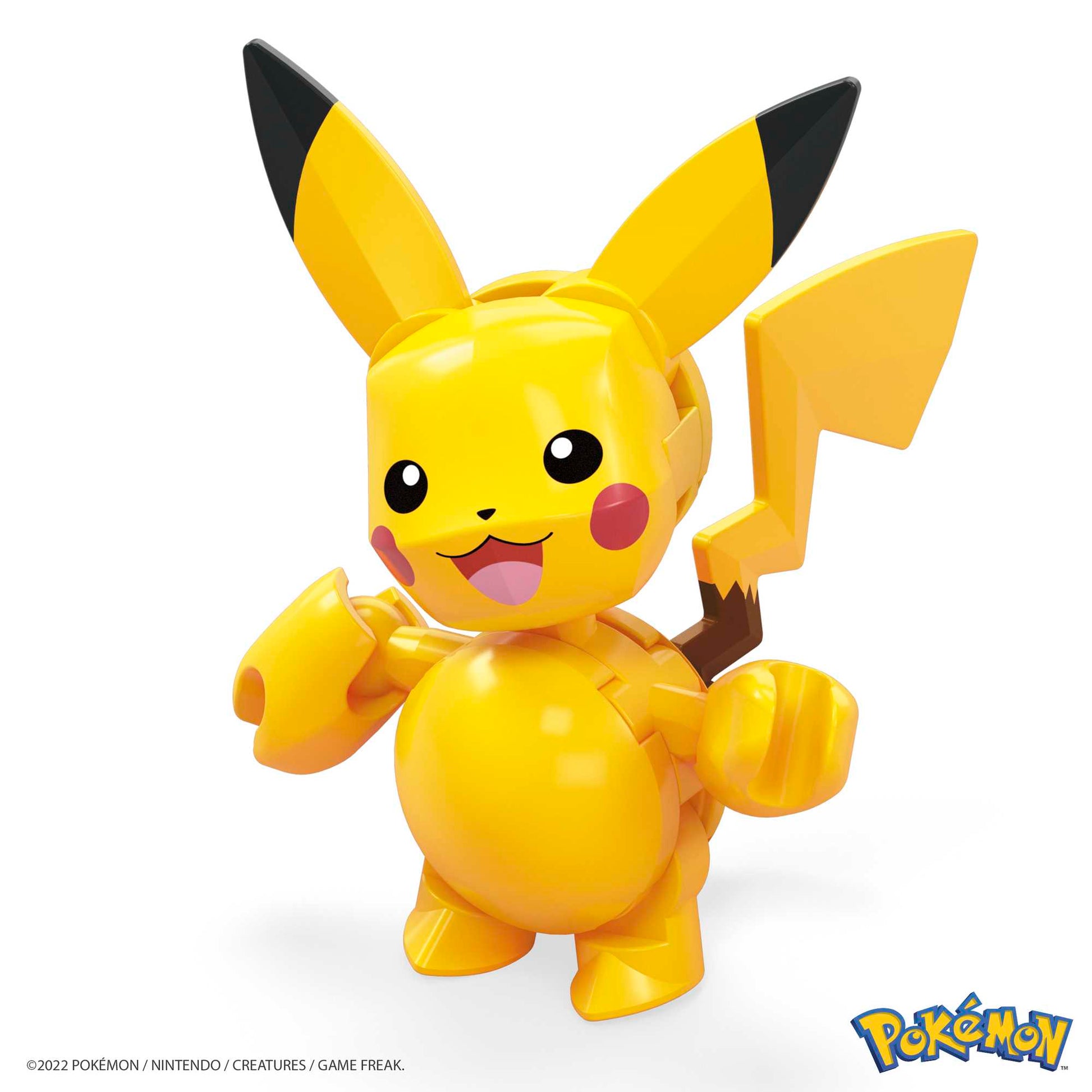 A 3D Pikachu figure from MEGA Pokémon Pikachu's Beach Splash by Mega Bloks stands smiling with arms raised. Yellow, mouse-like with red cheeks and lightning bolt tail, it's perfect for Pokémon building toy fans. Pokémon logo shown in the corner.