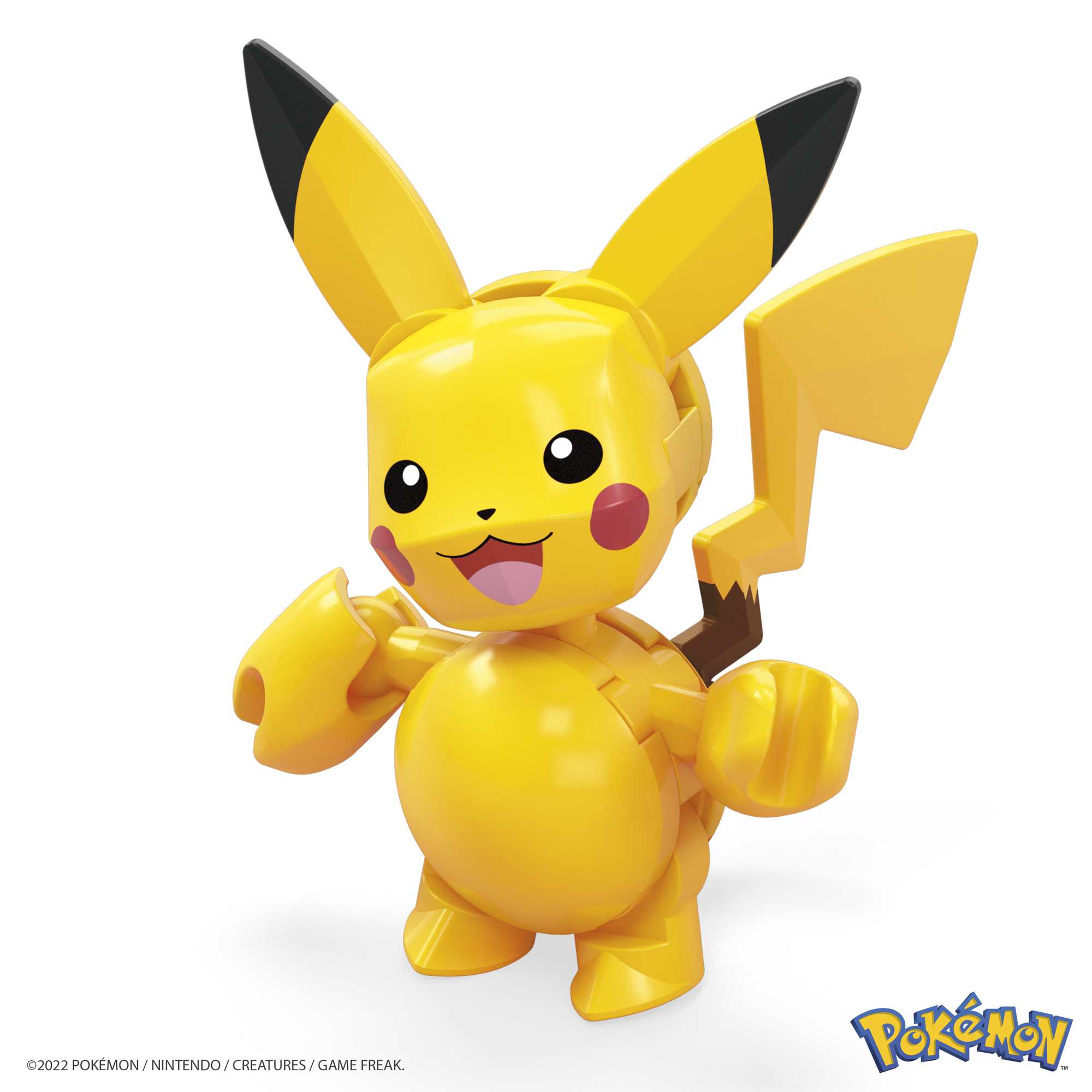 A 3D Pikachu figure from MEGA Pokémon Pikachu's Beach Splash by Mega Bloks stands smiling with arms raised. Yellow, mouse-like with red cheeks and lightning bolt tail, it's perfect for Pokémon building toy fans. Pokémon logo shown in the corner.