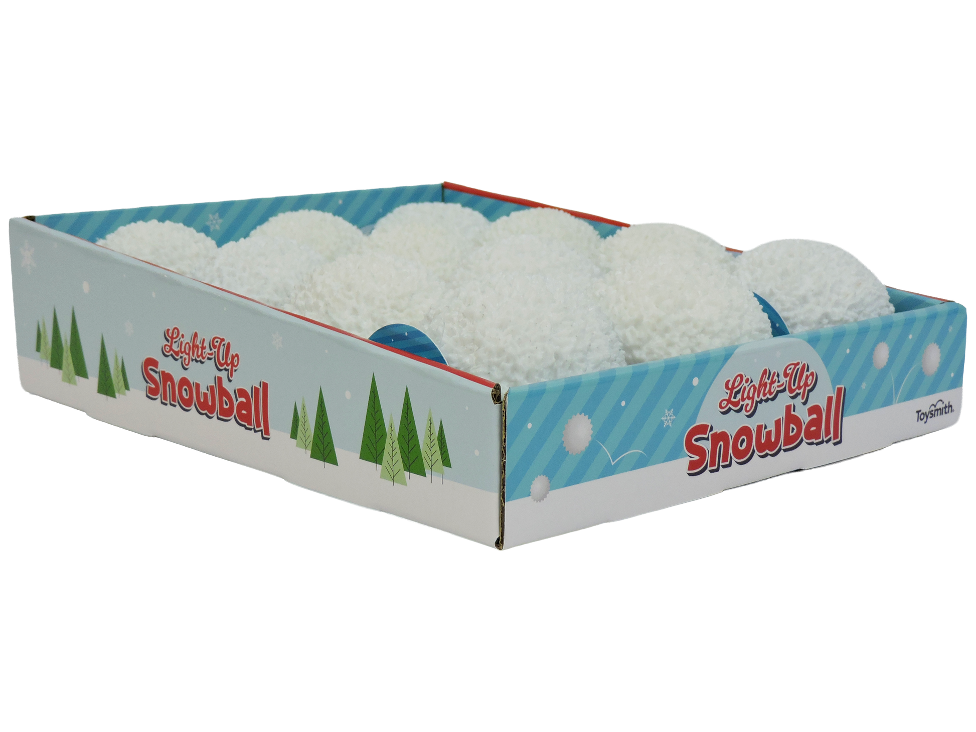 A Toysmith display box labeled "Toysmith Light Up Snowball" holds several white, textured light-up snowballs—ideal for indoor play or holiday parties. The blue box is decorated with green trees and snowflakes.