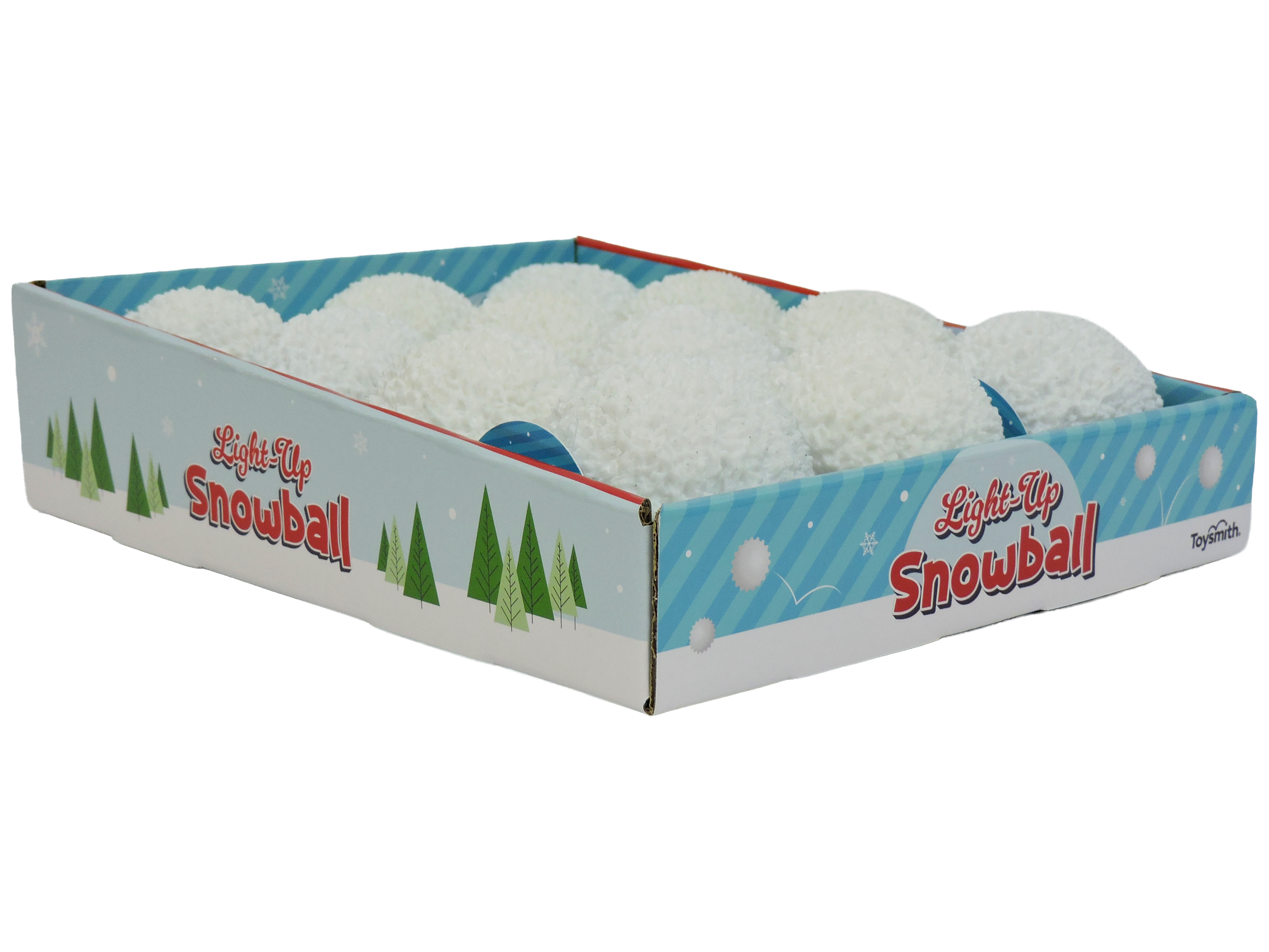 A Toysmith display box labeled "Toysmith Light Up Snowball" holds several white, textured light-up snowballs—ideal for indoor play or holiday parties. The blue box is decorated with green trees and snowflakes.