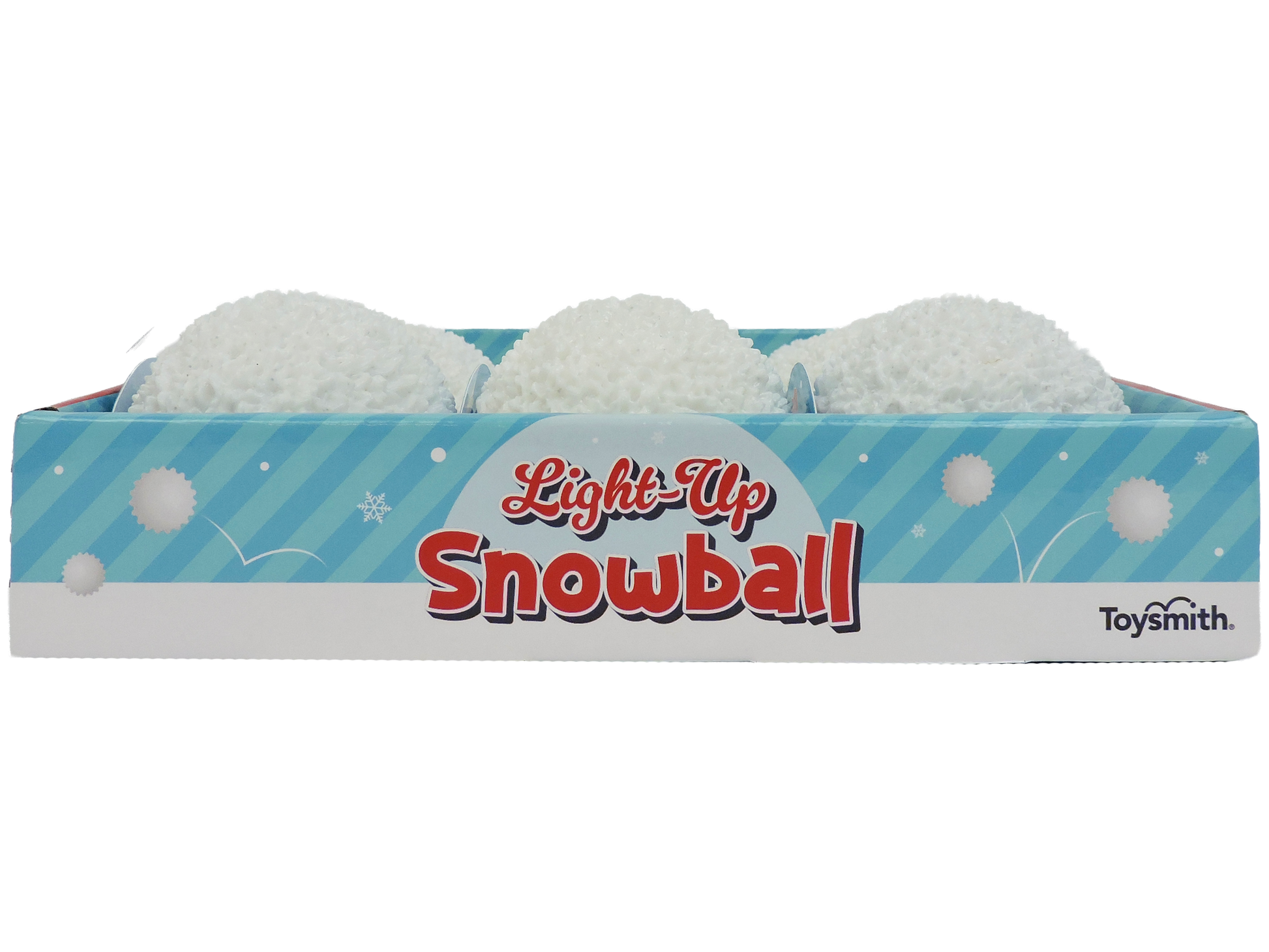 The Toysmith Light Up Snowball by Toysmith comes in a blue and white box with three textured, white snowballs that light up—perfect for indoor snowball fights or fun holiday party toys that look just like real snow.