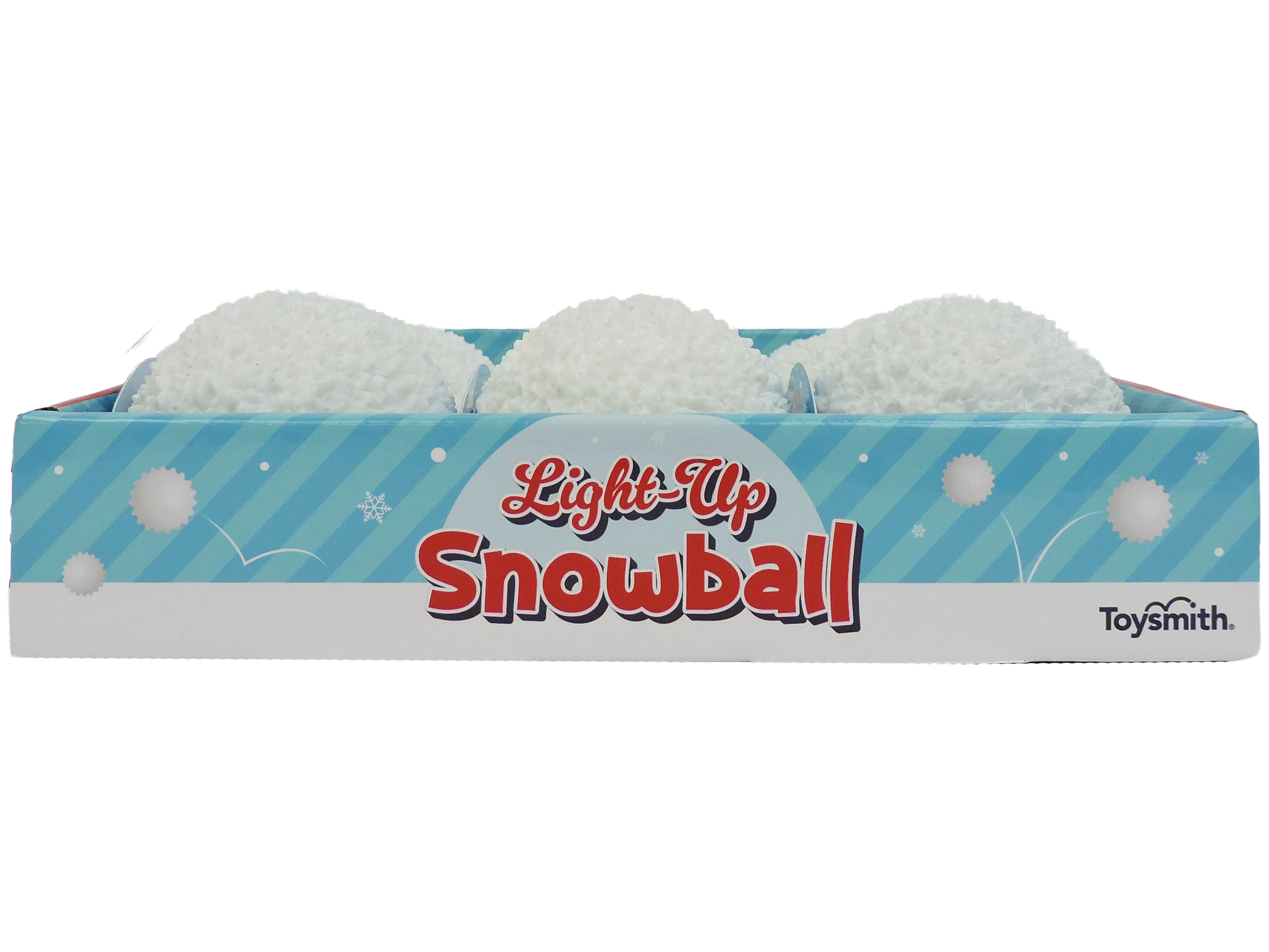 The Toysmith Light Up Snowball by Toysmith comes in a blue and white box with three textured, white snowballs that light up—perfect for indoor snowball fights or fun holiday party toys that look just like real snow.