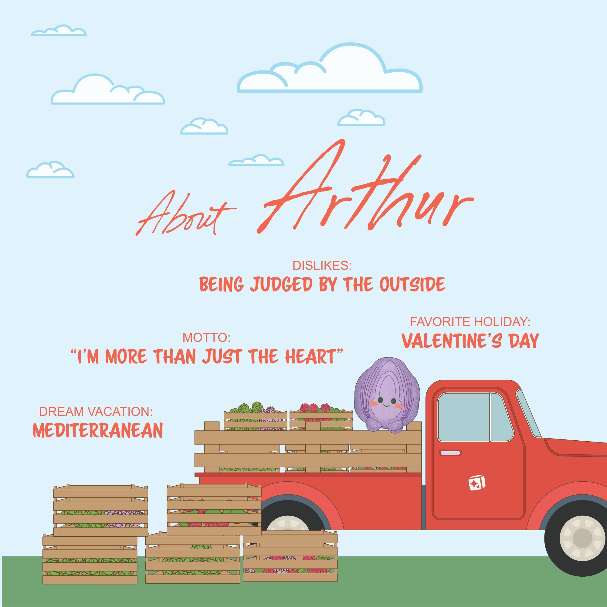 A cartoon purple artichoke with a face rides in a red pickup packed with Sugar Skwisheez Peelin' Good slow-rising squishies. On-screen text shares fun facts about Arthur, like dislikes, motto, favorite holiday, and dream vacation.