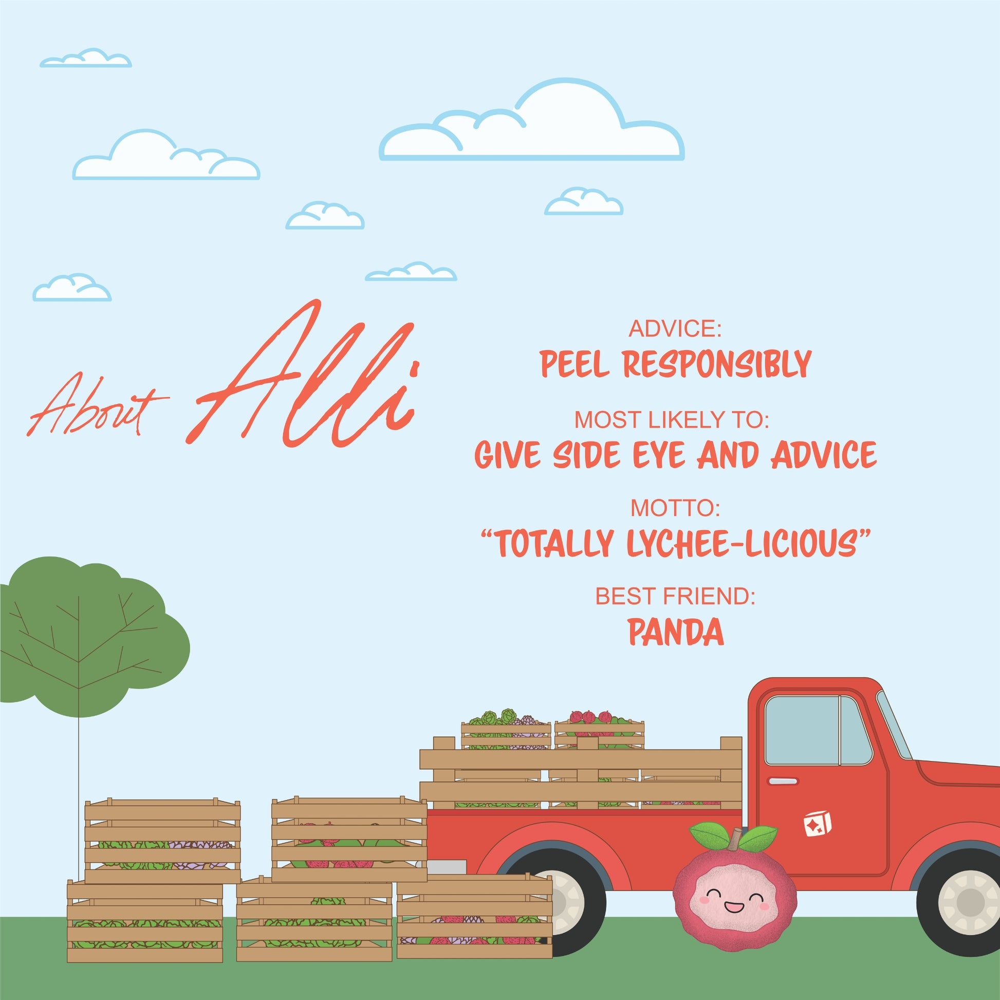 Illustration of a red truck with fruit crates, a tree, and Alli—the pink Sugar Skwisheez Peelin' Good character. Fun facts share her advice, motto, best friend (panda), and info on pre-ordering these cute slow-rising squishies!.
