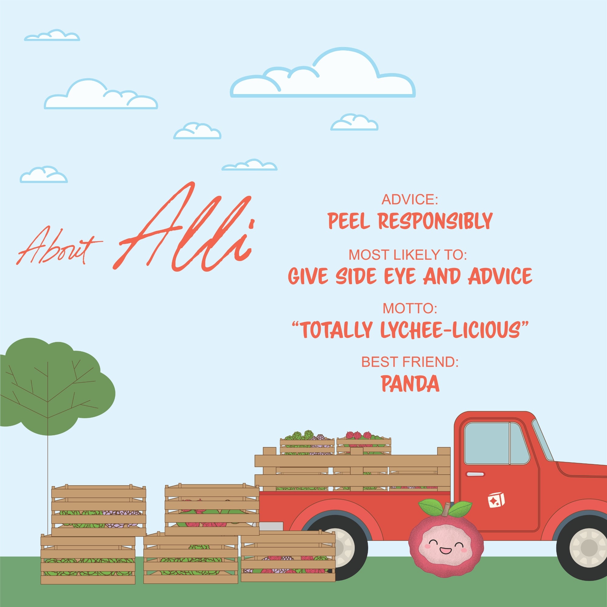 Illustration of a red truck with fruit crates, a tree, and Alli—the pink Sugar Skwisheez Peelin' Good character. Fun facts share her advice, motto, best friend (panda), and info on pre-ordering these cute slow-rising squishies!.
