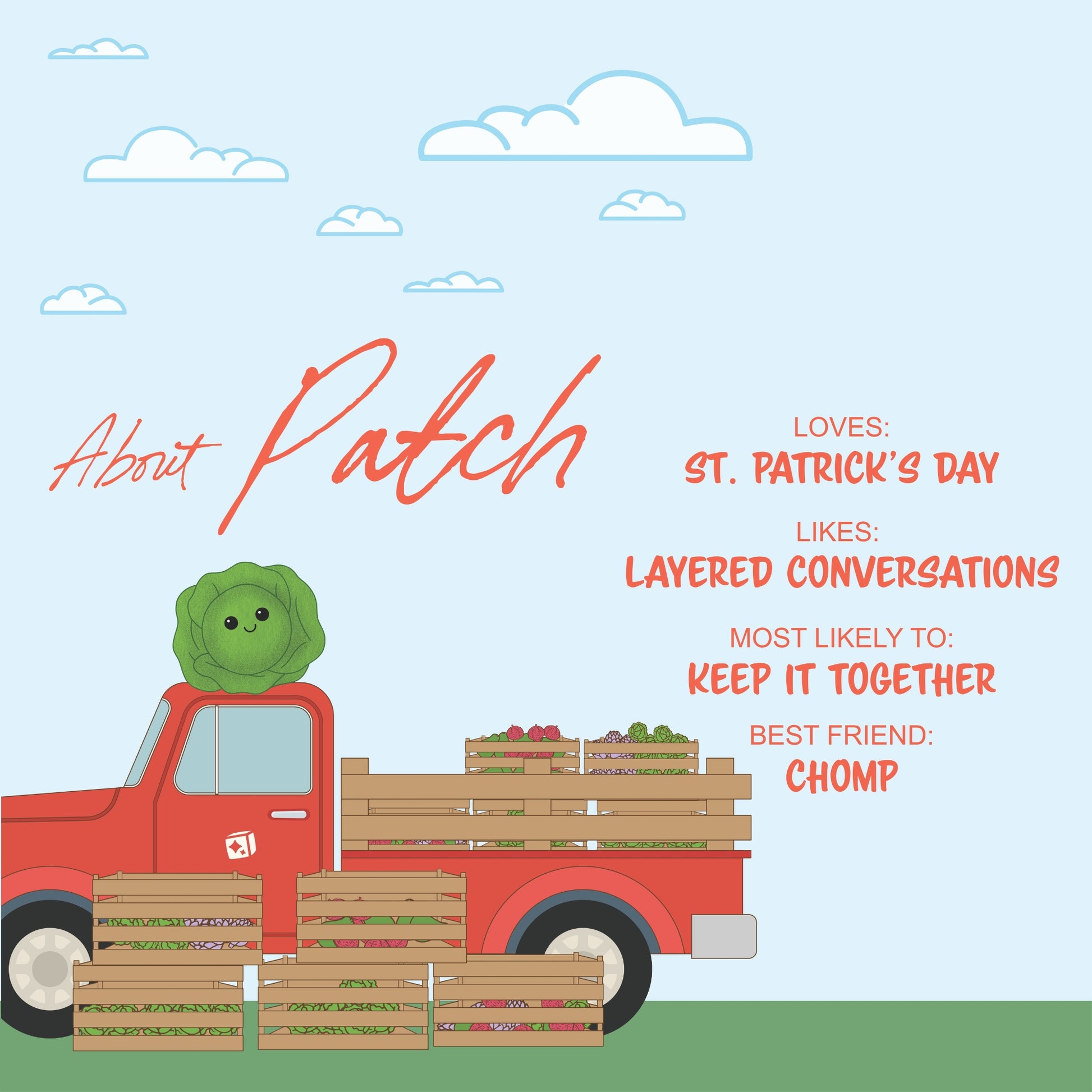 A cartoon lettuce with a smiling face stands in a red pickup full of crates. Meet Sugar Skwisheez Peelin' Good—the slow-rising squishy who loves St. Patrick’s Day and is best friends with Chomp! Pre-order yours now!.
