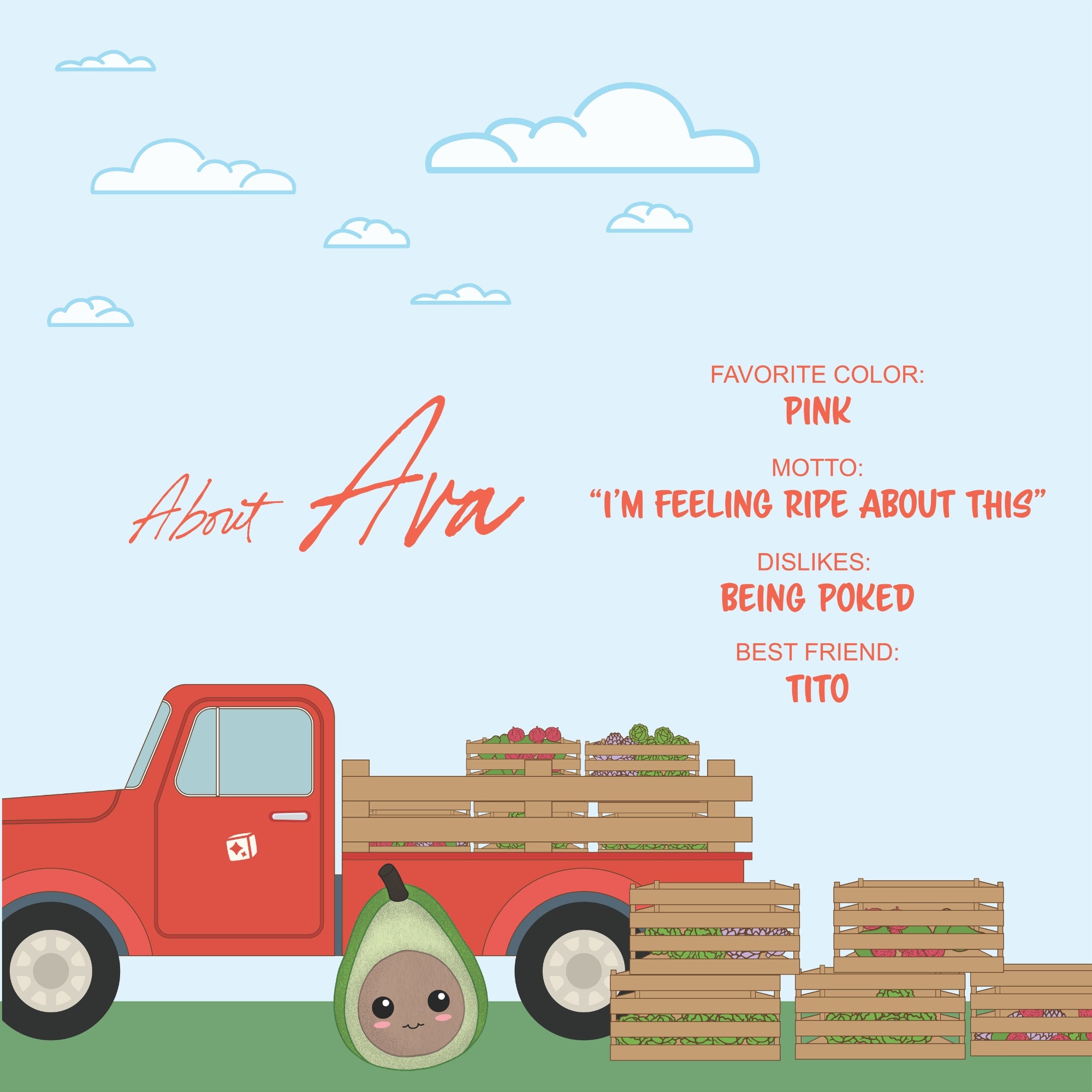 The Sugar Skwisheez Peelin' Good features Ava the avocado with a red truck, crates of produce, and fun facts against a cloudy sky—part of the Sugar Skwisheez slow-rising squishies collection, available for pre-order.