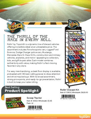 A display rack filled with colorful toy vehicles stands on the right. On the left, text describes the Rollin by Toysmith diecast vehicle line, highlighting their features and best-selling scoop tractor.