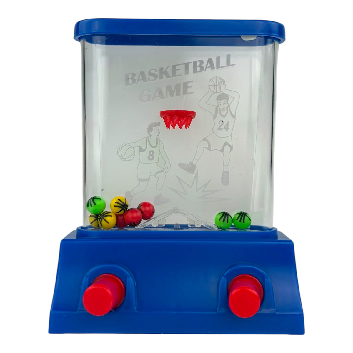 YAY! Aqua Arcade handheld basketball game featuring two red control buttons and small colorful balls submerged at the bottom for skill-based fun.