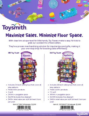 A Toysmith display ad shows colorful toy towers stocked with a variety of small toys. Text highlights maximizing sales, minimizing floor space, and provides details for 180 and 360 toy tower options.