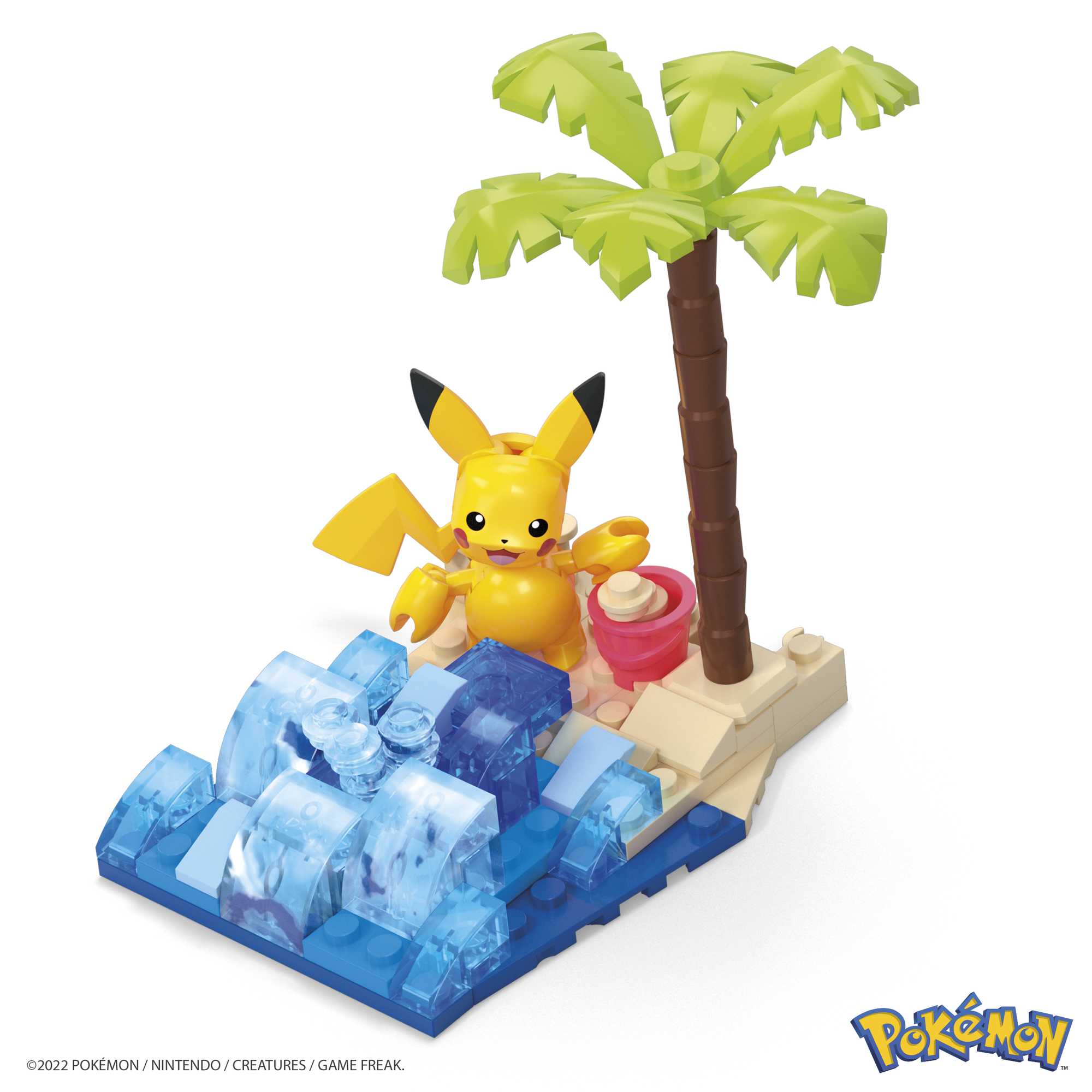 A MEGA Pokemon Pikachu's Beach Splash figure by Mega Bloks sits on a sandy beach with a palm tree, blue LEGO-style waves, pink bucket, and seashell—ideal for fans of Adventure Builder sets or Pokémon building toys. Pokémon logo at bottom right.